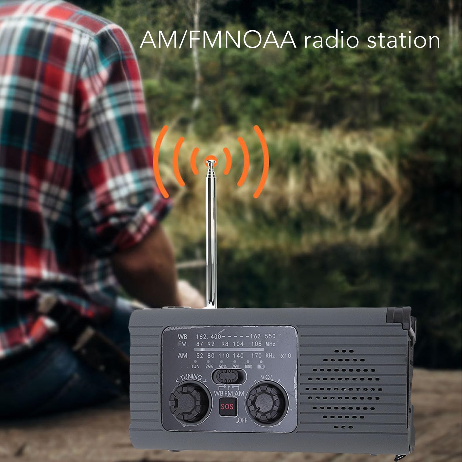 Radio z korbką słoneczną, Awaryjna ładowarka Radia z korbką ręczną z Akumulatorem Litowo-jonowym 2000 MAh, Prognoza Pogody AM/FM NOAA, Zasilanie Słoneczne USB, Chowana Lampa do