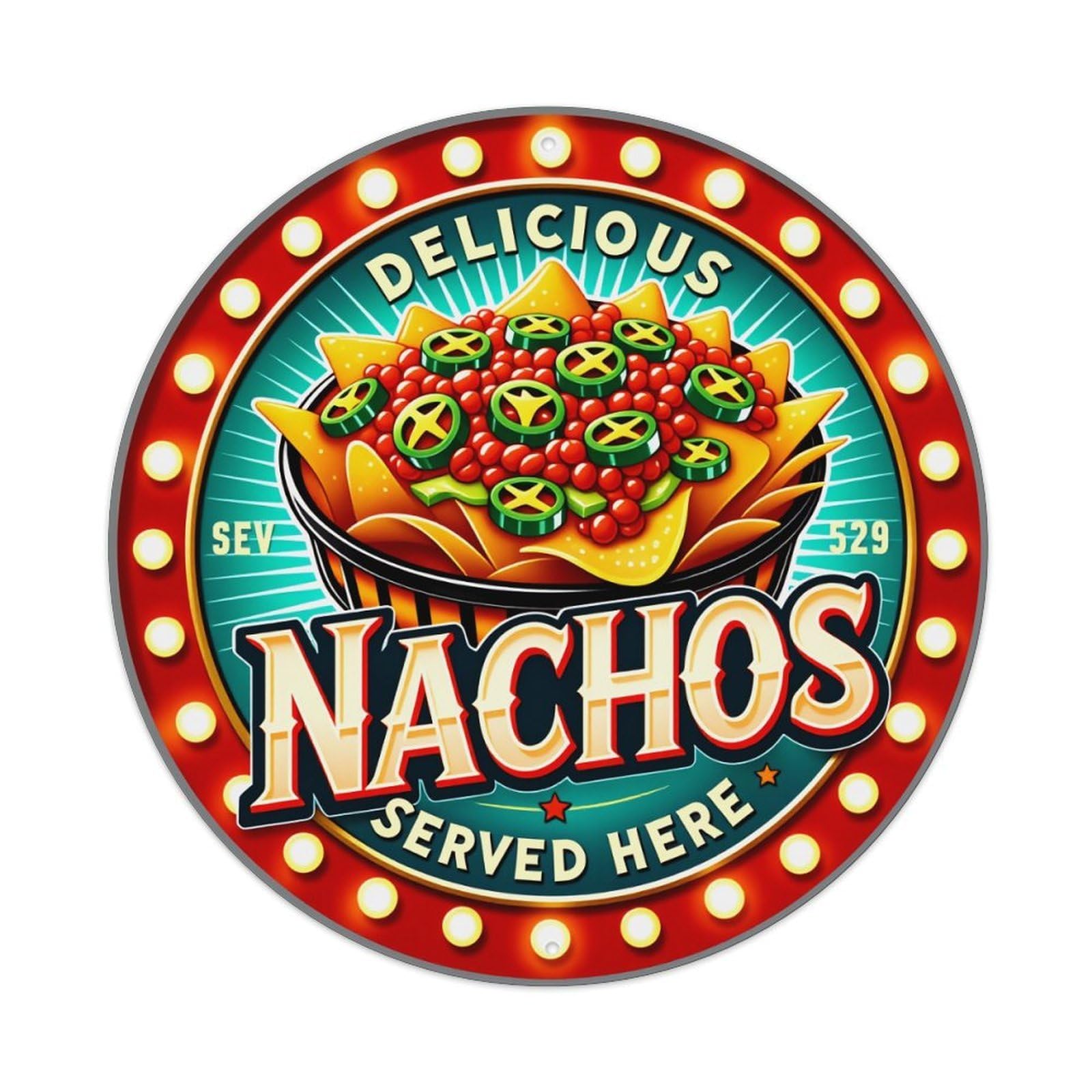 Delicious Nachos Served Here- Vintage Metal Tin Sign Retro Wall Decor for Home Bar Garage Cafe, Indoor & Outdoor Decorative，circle Metal Poster, 8x8 Inch
