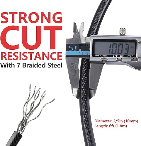 Miniatura 2 de DELSWIN Cable de acero de seguridad con bucles, cables de acero para bicicleta resistentes de 6 pies, 15 pies, cable de bloqueo trenzado recubierto