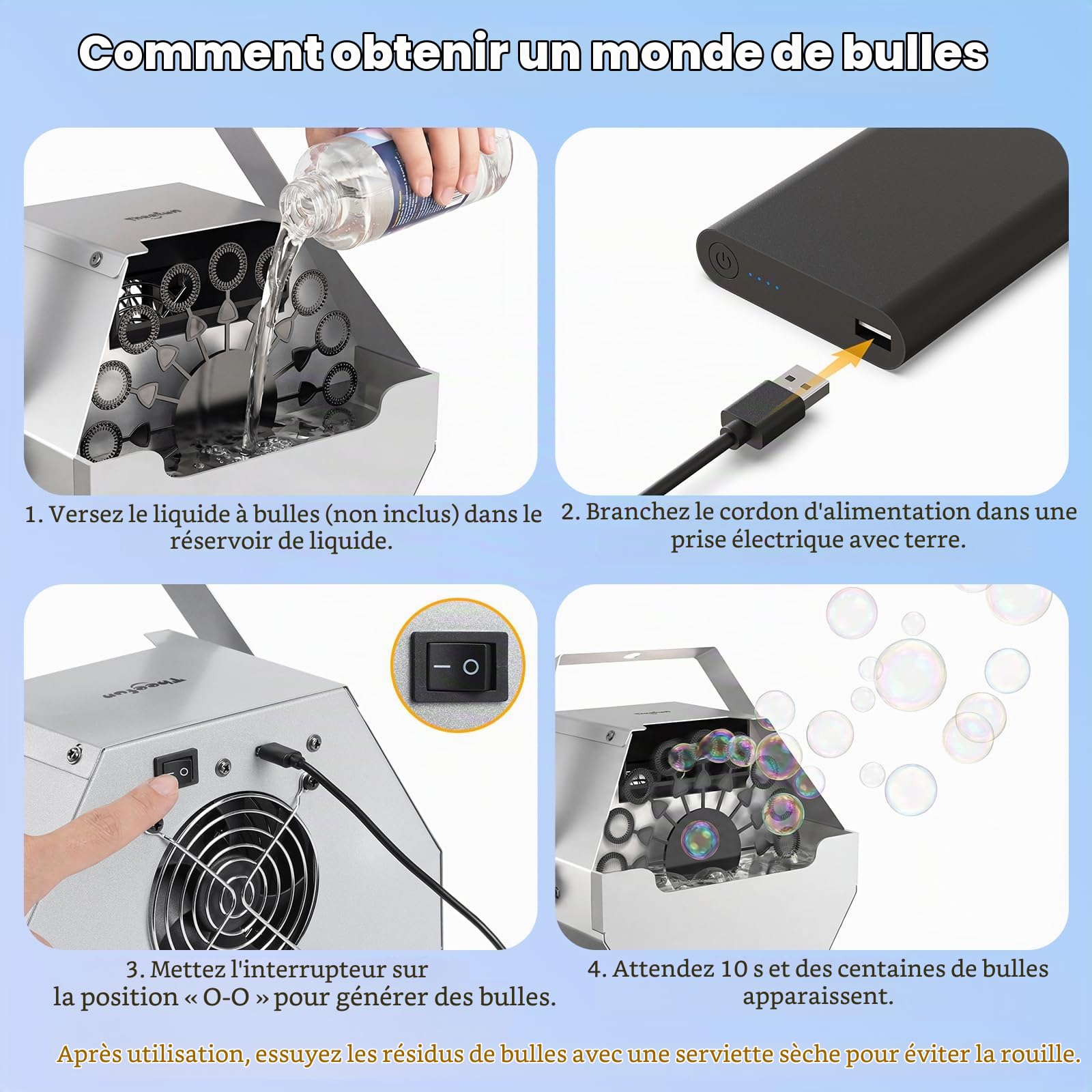 Theefun Machine à bulles automatique en métal 750 ml Alimenté par USB Portable Professionnel Machine à bulles pour fêtes, mariages, utilisation intérieure et extérieure Gris argenté