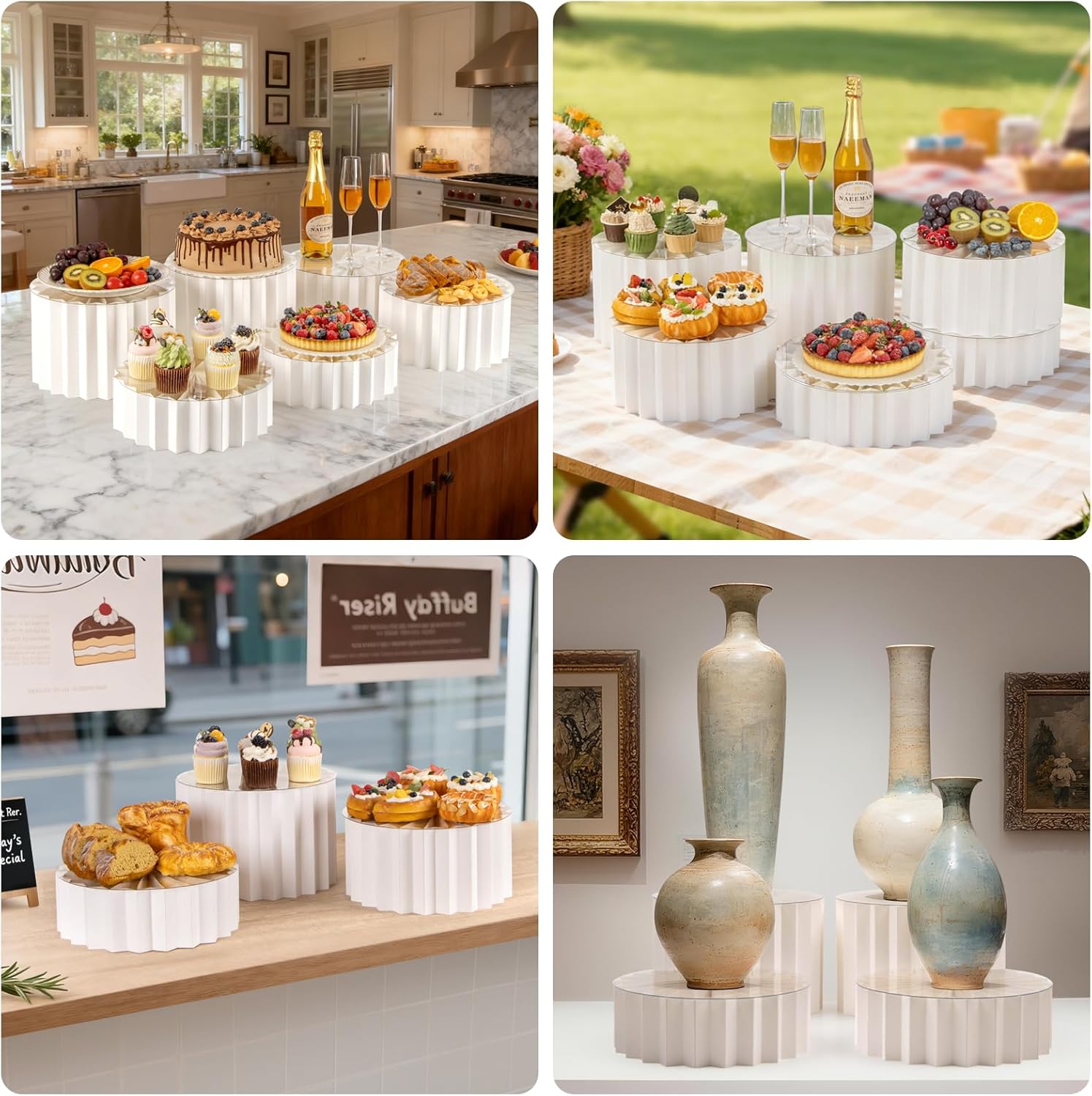 PUERSI 4 Pack Buffet Risers, Foldable Food Display Risers for Party, Display Stands for Food, Cake Cupcake Stands, Riser Display Stand for Desserts, Food, Jewelry - White
