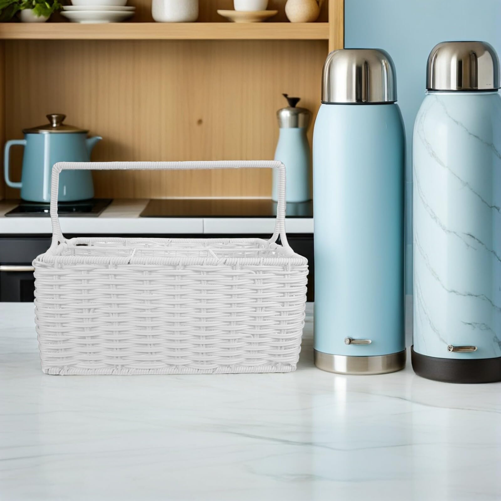 PRETYZOOM Cesta Organizadora para Cubiertos de Ratán Sintético con Compartimentos Cesta Dividida Portátil para Tenedores Cucharas y Palillos Organizador Multifunción para Cocina y