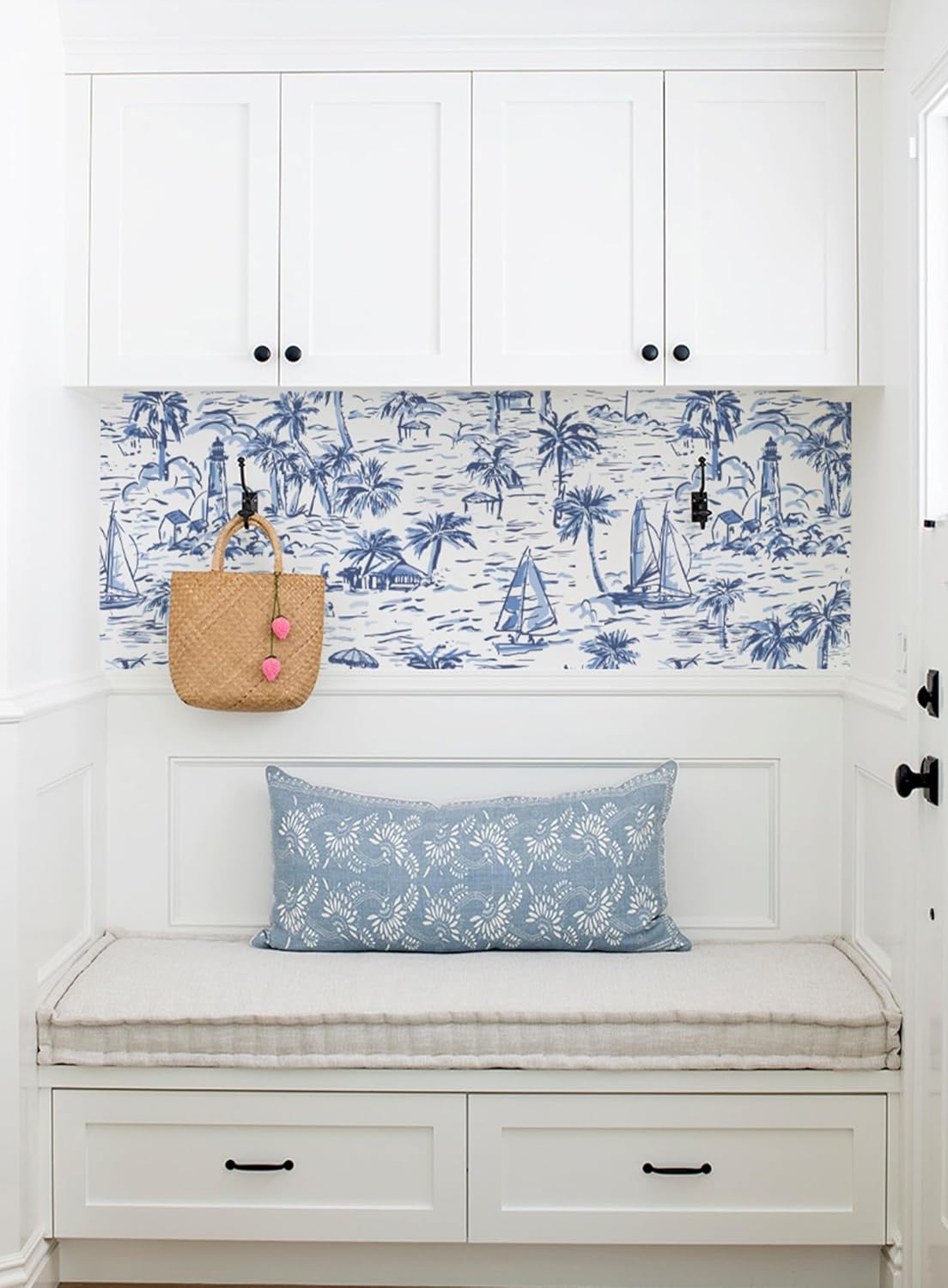 Navy Nautical Peel and Stick Wallpaper Toile Wallpaper for Bathroom French Vintage Contact Paper for Bedroom Walls Backdrop Cabinet Home Decor 17.3"x118" (Blue, 17.3"x118")
