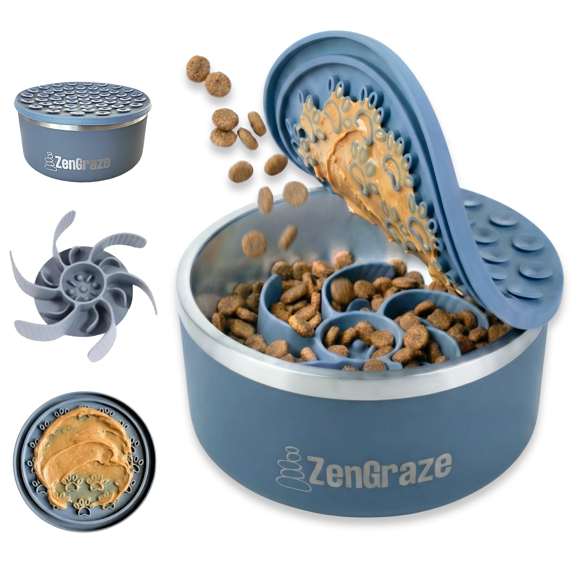 ZenGraze 5-in-1 Stainless Steel Slow Feeder Dog Bowls 64 oz – Metal Dog Bowl, Silicone Slow Feeder Insert, Lick Mat Lid & Non Slip Base – Deep Anti Gulp Feeding Bowl | Med to Large Breed (Steel Gray)