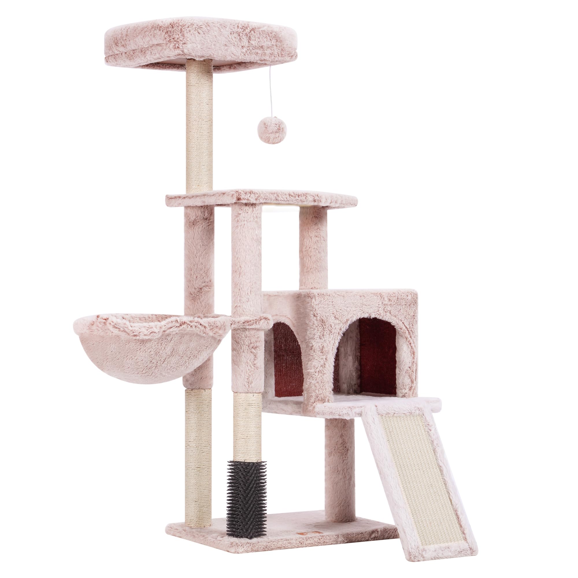 Heybly Albero Per Gatti, Il Pennello di Autocurazione, l'Albero per Gatto Domestici, con Peluche Lisce, Poltrona di Riposo, Nido per Gatti e Paletti per Graffiare, Beige Marrone HCT005SMU