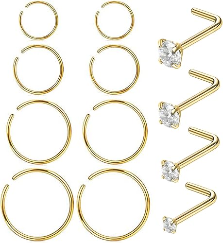 12 piercings de nariz de acero inoxidable 316L de 0.71 onzas en forma de L, para cartílago, trago, septum, piercing de 0.23 a 0.47 pulgadas