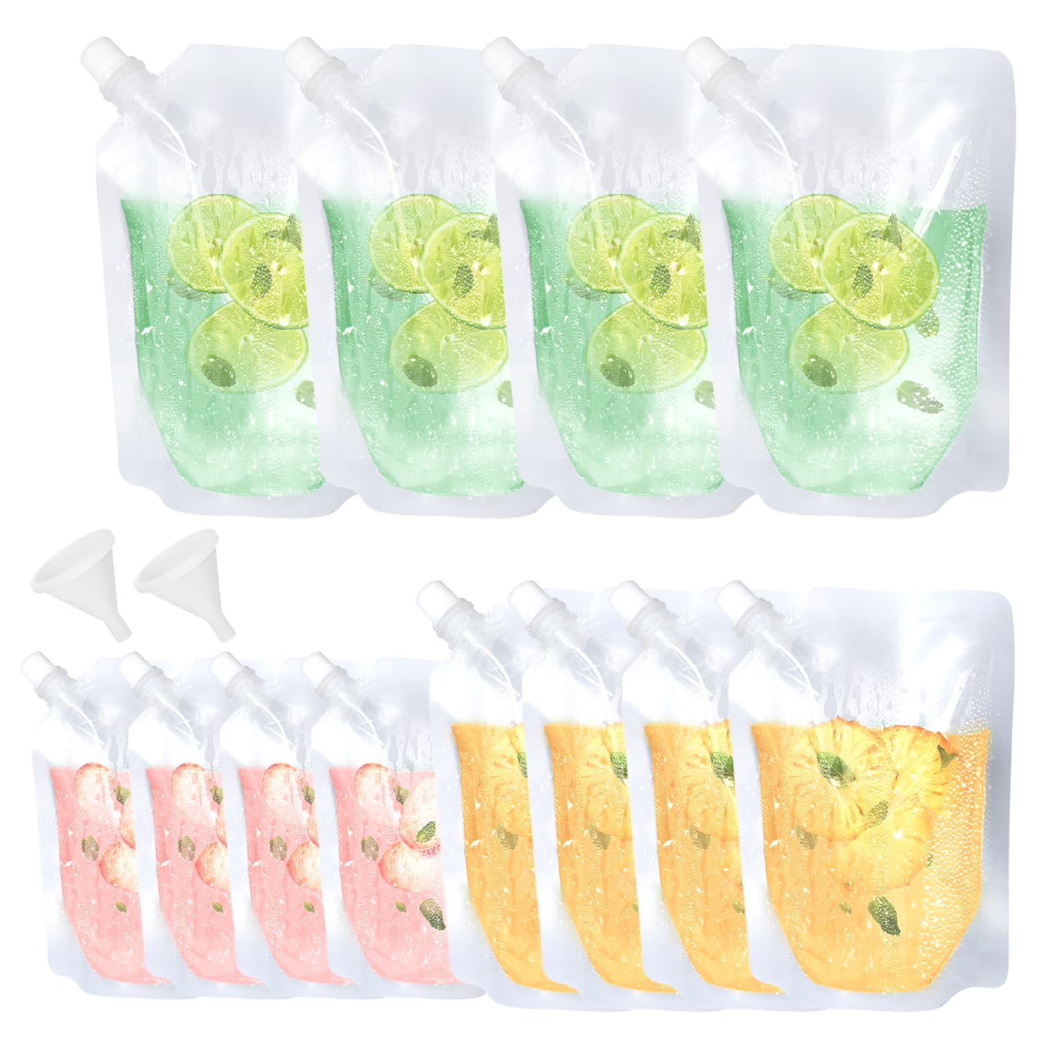12 bolsas de plástico para bebidas y 2 embudos, bolsas de bebidas para festivales, frascos de licor reutilizables con boquilla, rellenables, transparentes, 250 ml, 350 ml, 500 ml, bebidas a prueba de