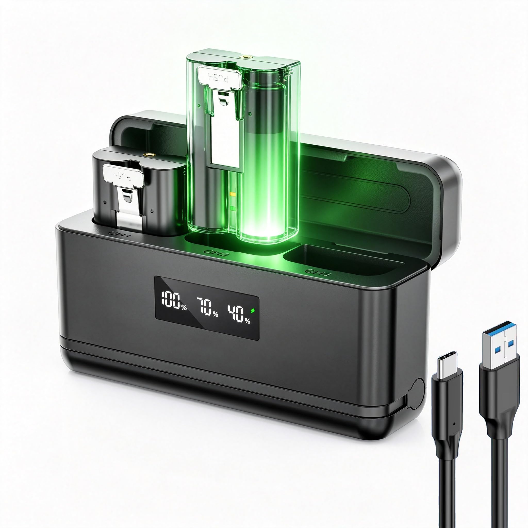 Kit caricabatterie a 3 scomparti, confezione da 2 batterie di ricambio ad alta capacità da 6040 mAh 3,65 V per campanello ad anello, stazione di ricarica con display a LED, per campanello ad anello 2