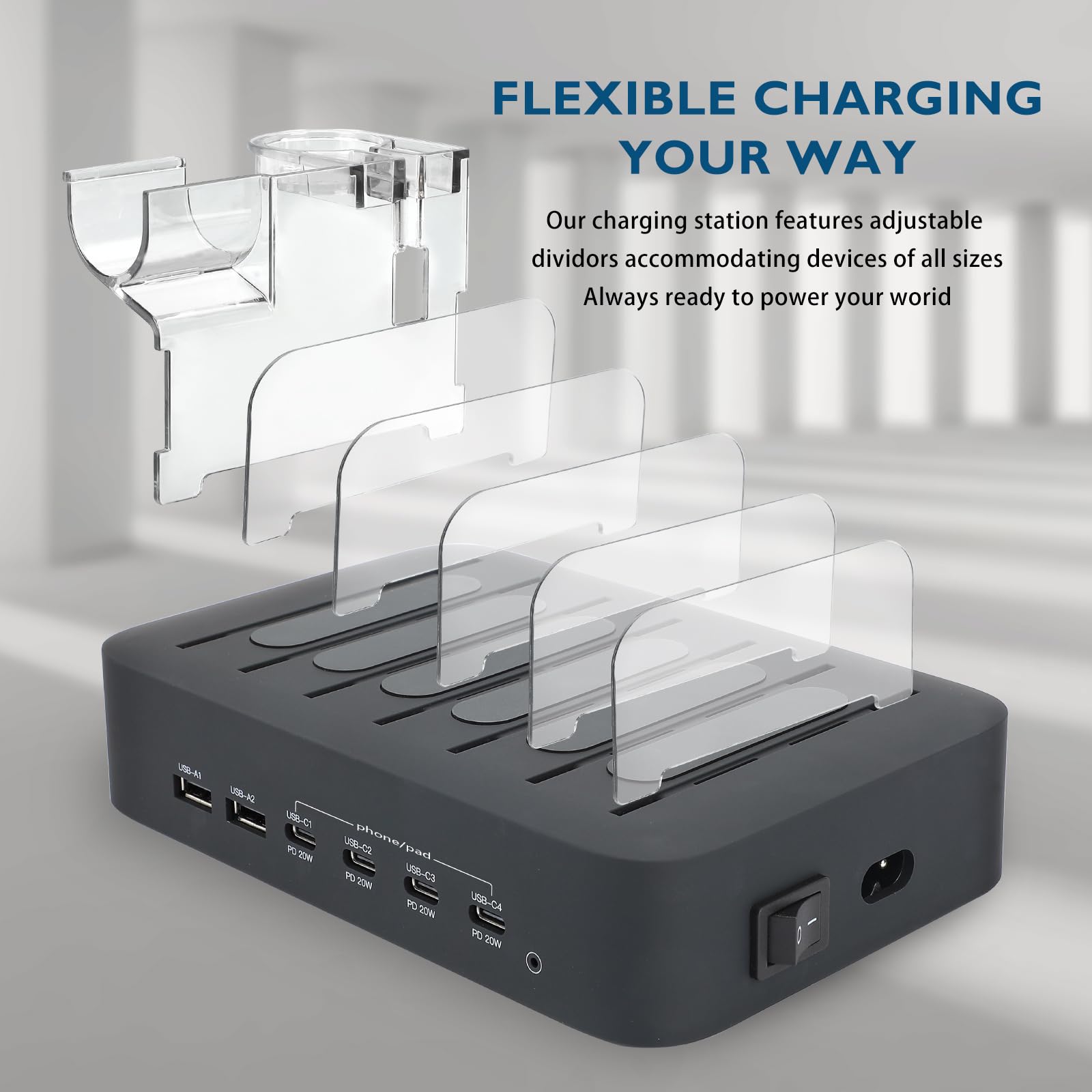 Stazione di ricarica USB C per dispositivi Apple, CHARGEKNIGHT 100 W 4 PD e 2 USB caricabatterie familiare per più dispositivi Apple iPad, iPhone 15/14/13/12/11 iPad e Android Phone e tablet, stazione