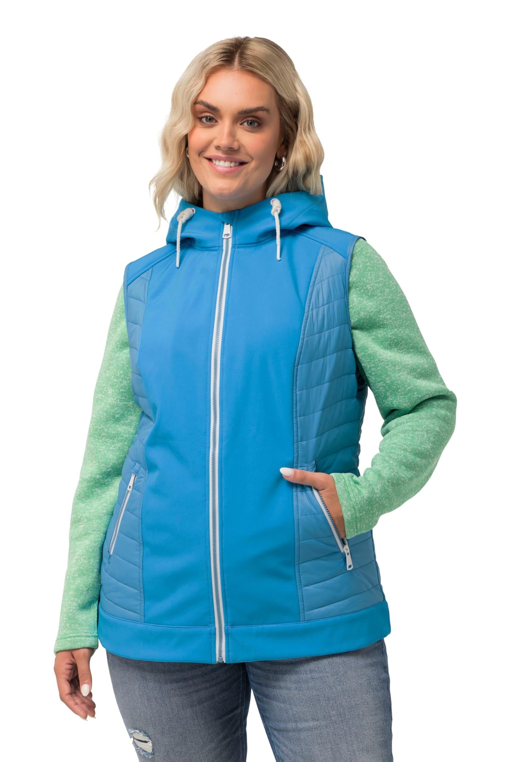 Ulla Popken Damen große Größen Übergrößen Plus Size HYPRAR Hybrid-Kapuzenweste, wasserabweisend, Kapuze 826514