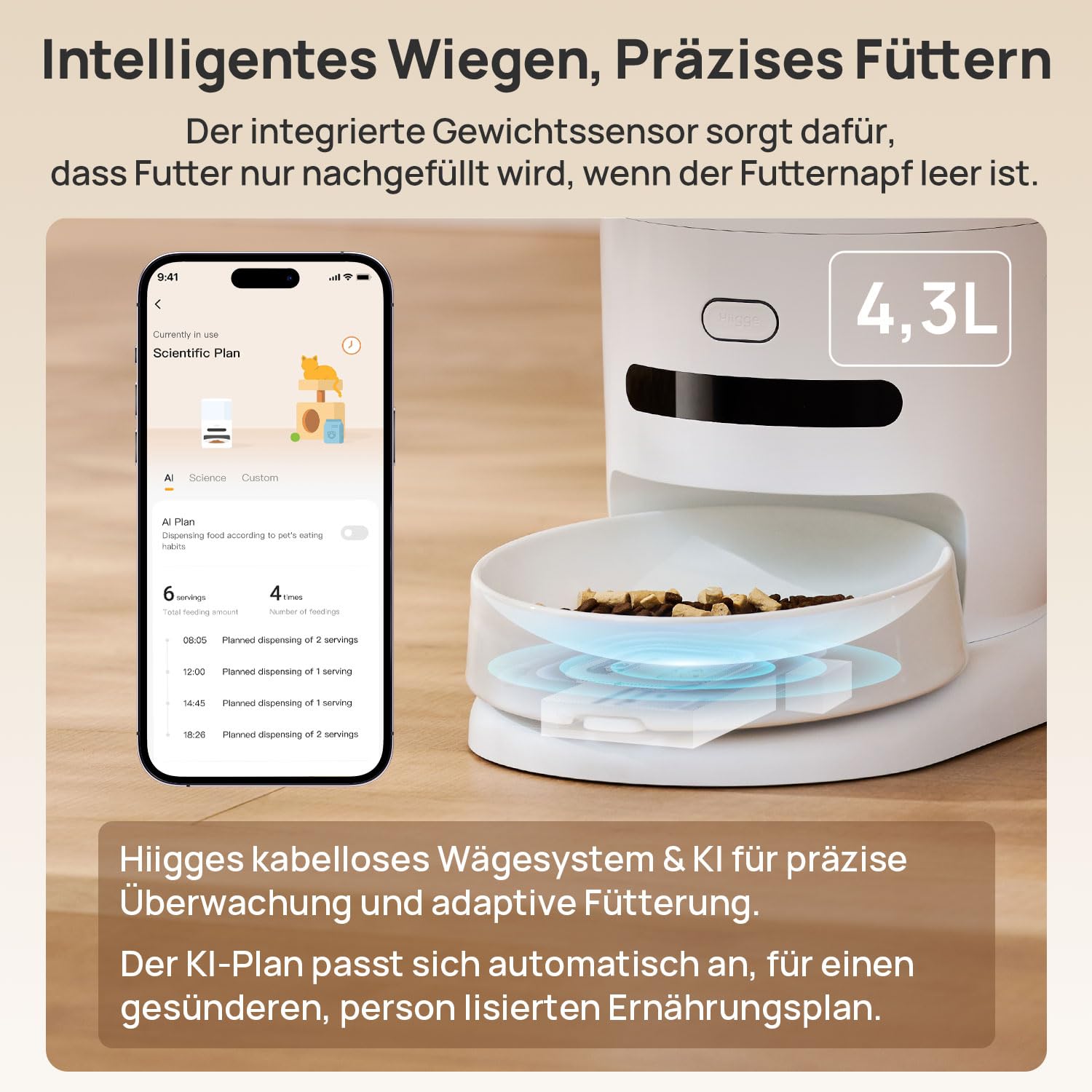 KI Futterautomat Katze 4.3L mit App,120 Tage Akku,ideal für Reisen | Katzenfutter Automat mit Wiegesystem,Futterstation Katzen Keramik,Automatic Cat Feeder,Trockenfutterspender für Katzen,Weiß