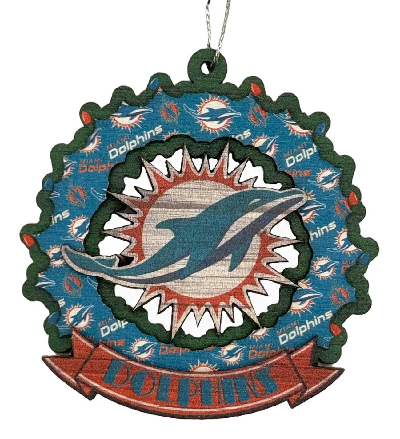 Foco Multicolor Miami Dolphins Wooden Wreath Mural Holiday Ornament