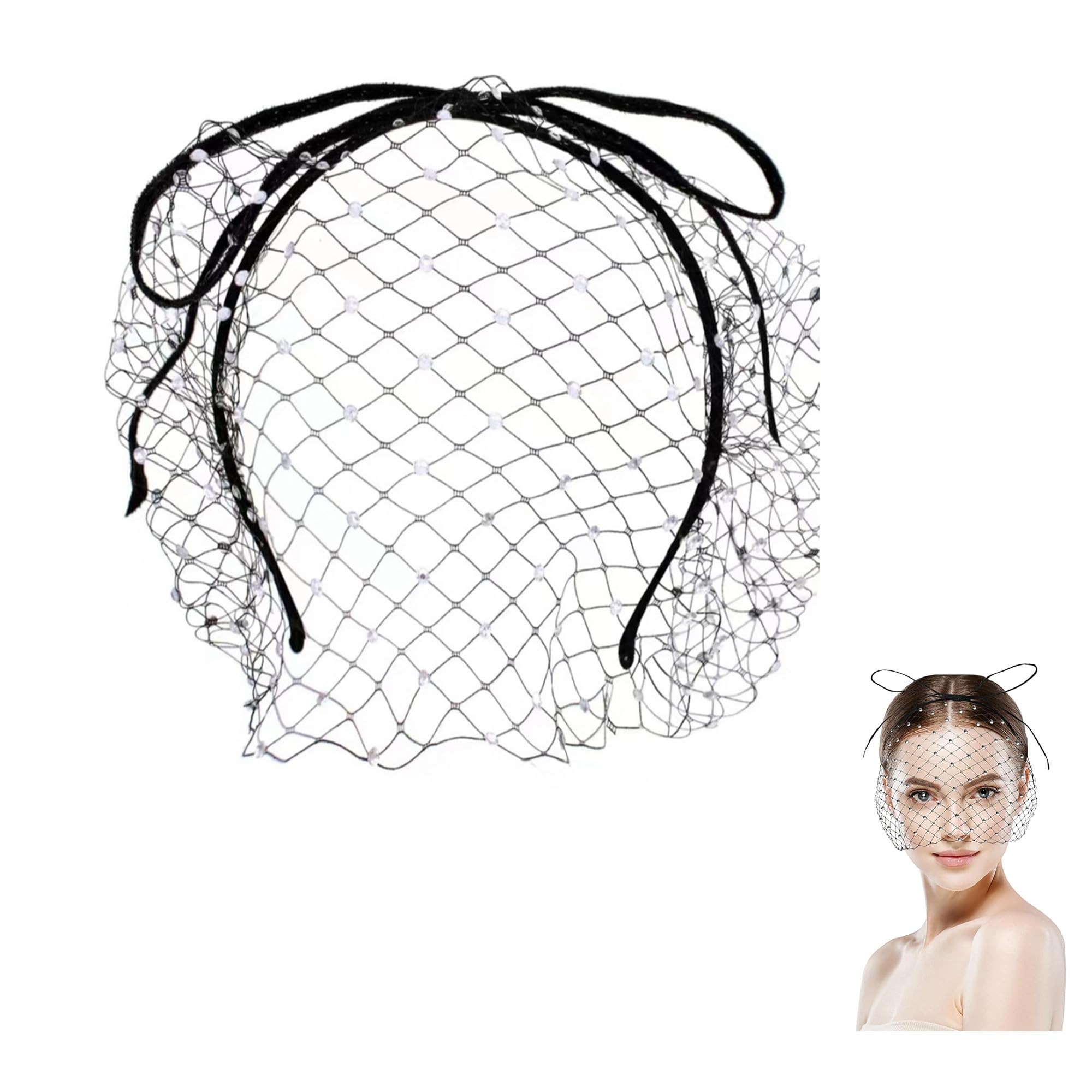 Hezhou Velo de novia Sombrero de mujer Fascinator Velo de novia Tocados Madrina Nupcial Sombrero Velo Vintage Tocado Malla Encaje Diadema Mujer Tocados Madrina Nupcial Tocados