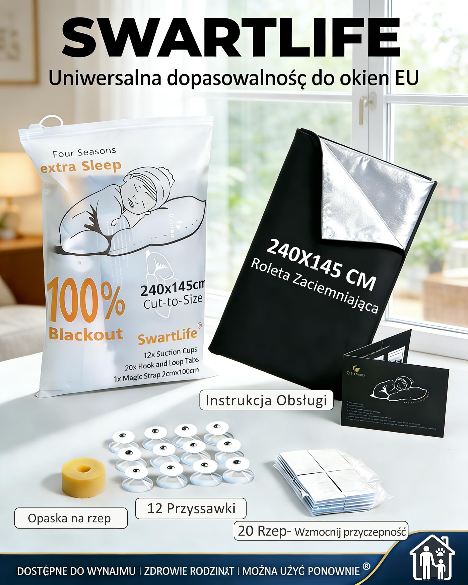 SwartLife przenośna roleta zaciemniająca, roleta zaciemniająca ​240 x 145 cm Cięcie na wymiar dla dowolnego okna, tymczasowe żaluzje zaciemniające z mikro przyssawkami i zapięciem na rzepy