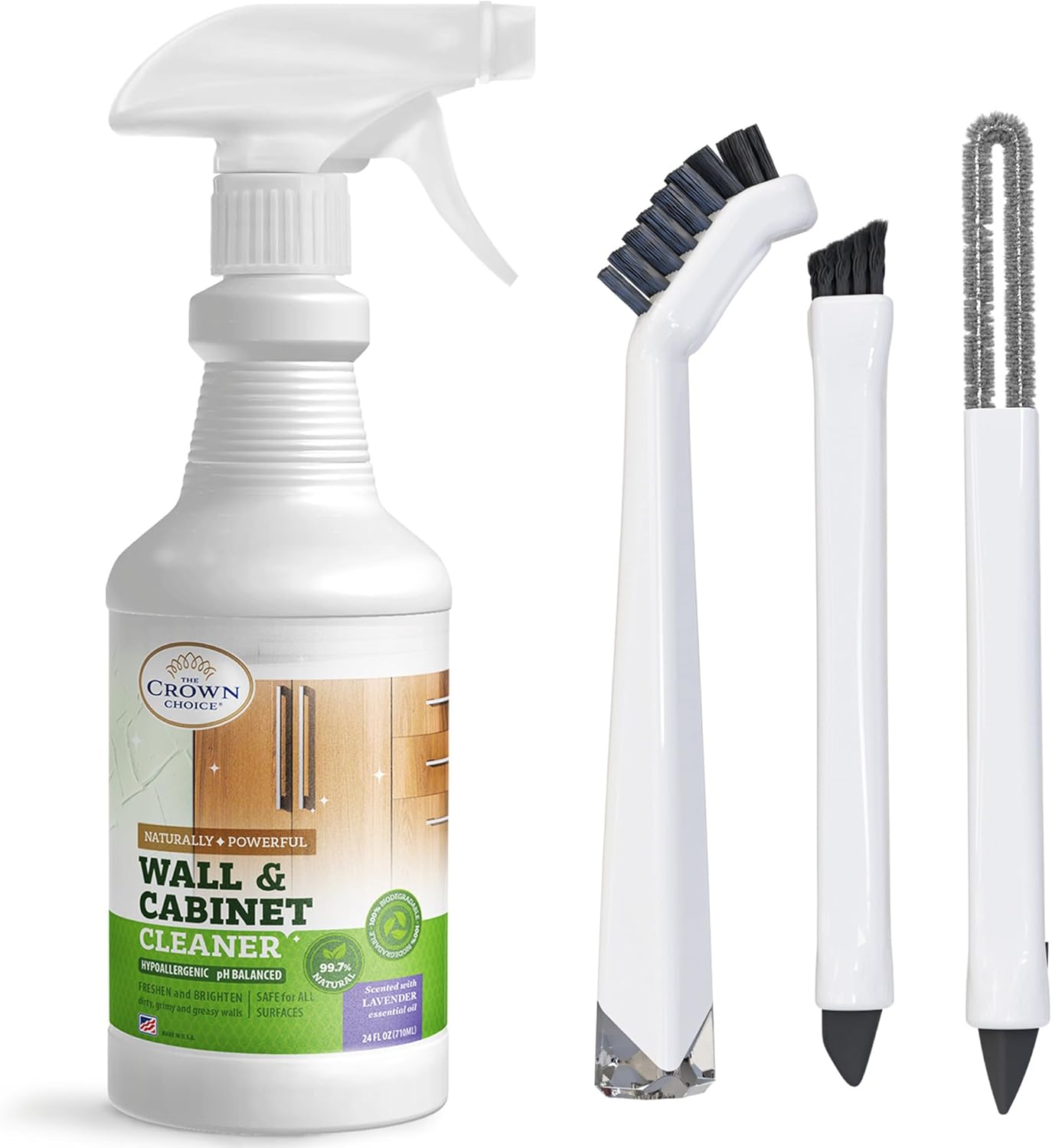 Natural Wall Cleaner & Household Cleaning Brush Set Bundle 24 Oz Lavender Stain Remover Spray and 3 Pcs Brushes Set - a perfect comb for cleaning Walls, Ceilings, Cabinets, Baseboards, Wood, Stainless