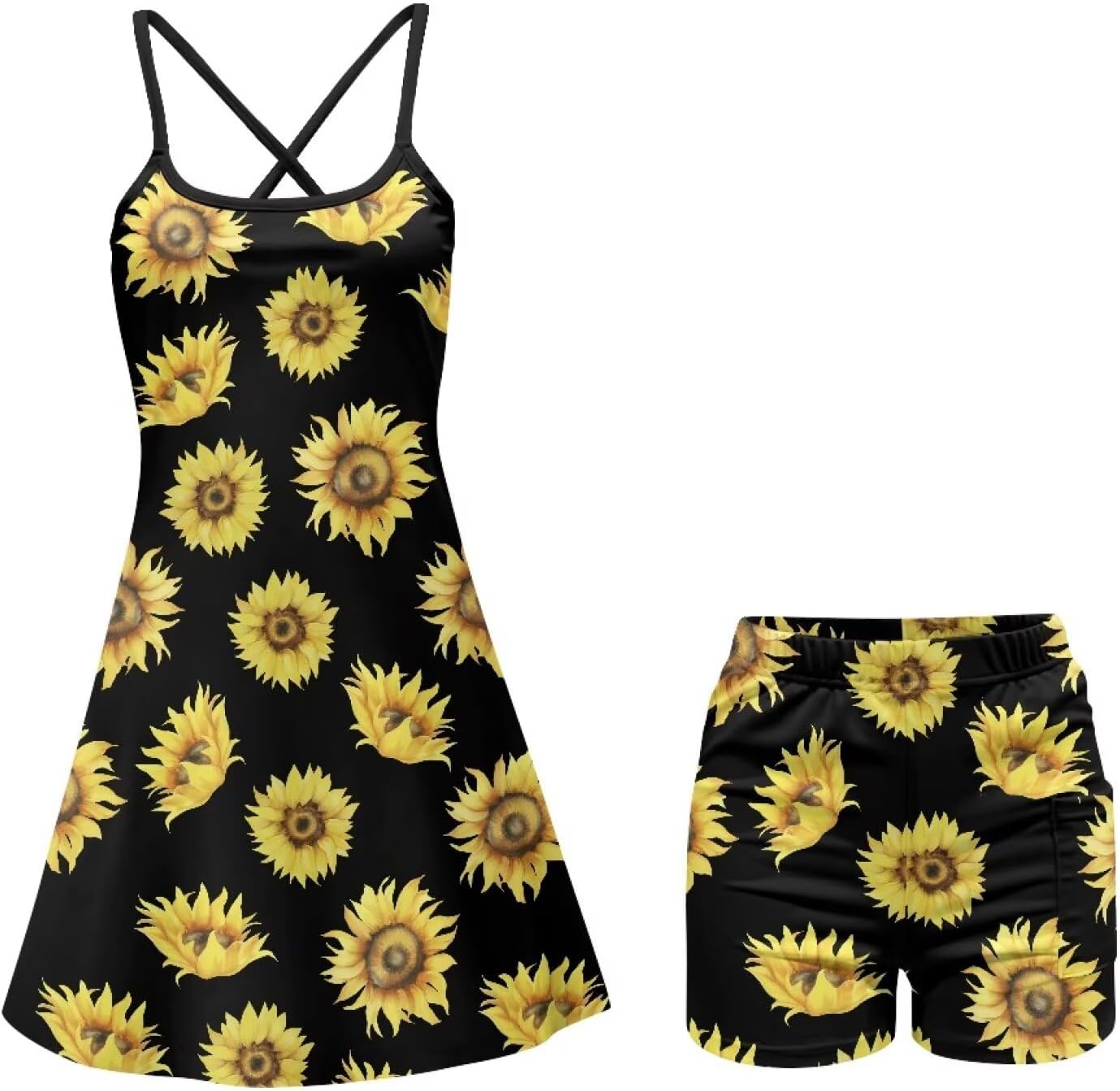 Women Golf Dress Set Casual 2 in 1 Cross Strap Tennis Sport Activewear with Built in Short and Pocket XS-2XL