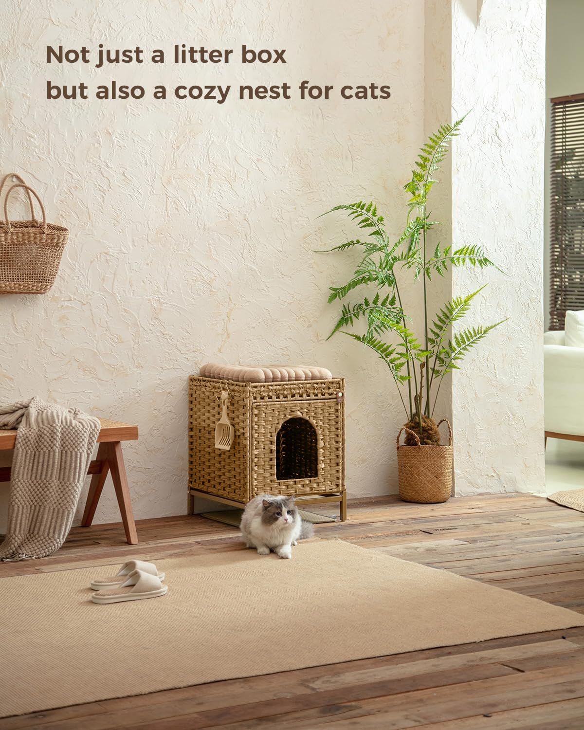 Mueble arenero Gatos Casa para Gatos, Muebles Ocultos con Patas de Metal elevadas, casa de ratán Trenzado a Mano con 2 Alfombra arenero Gato, 52 x 47 x 57 cm, Color Natural