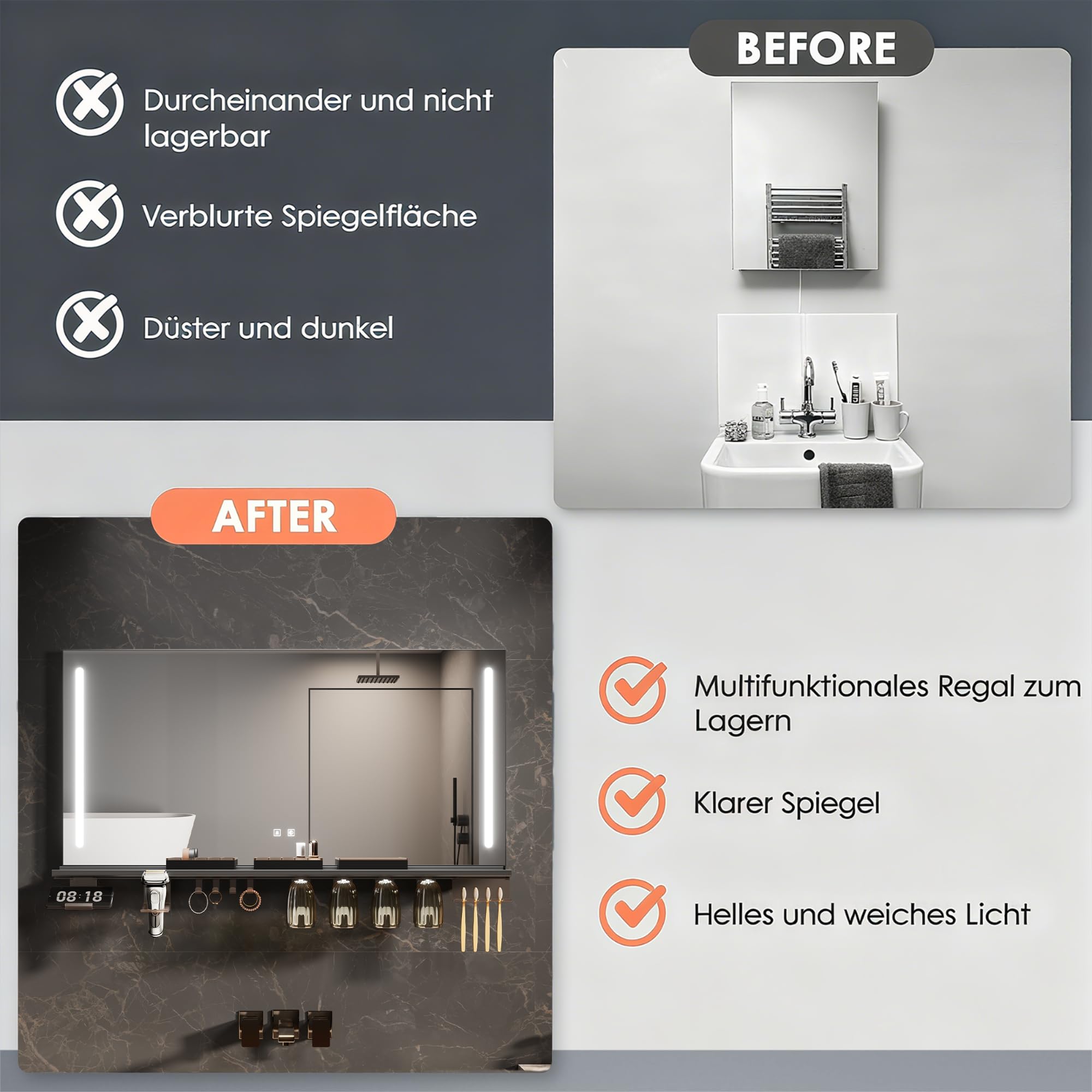 Espejo de baño LED L1200 x H600 mm, espejo de pared con estante de 120 cm y luz lateral, 3 modos de color de luz, espejo de pared con antivaho e interruptor táctil, espejo de baño