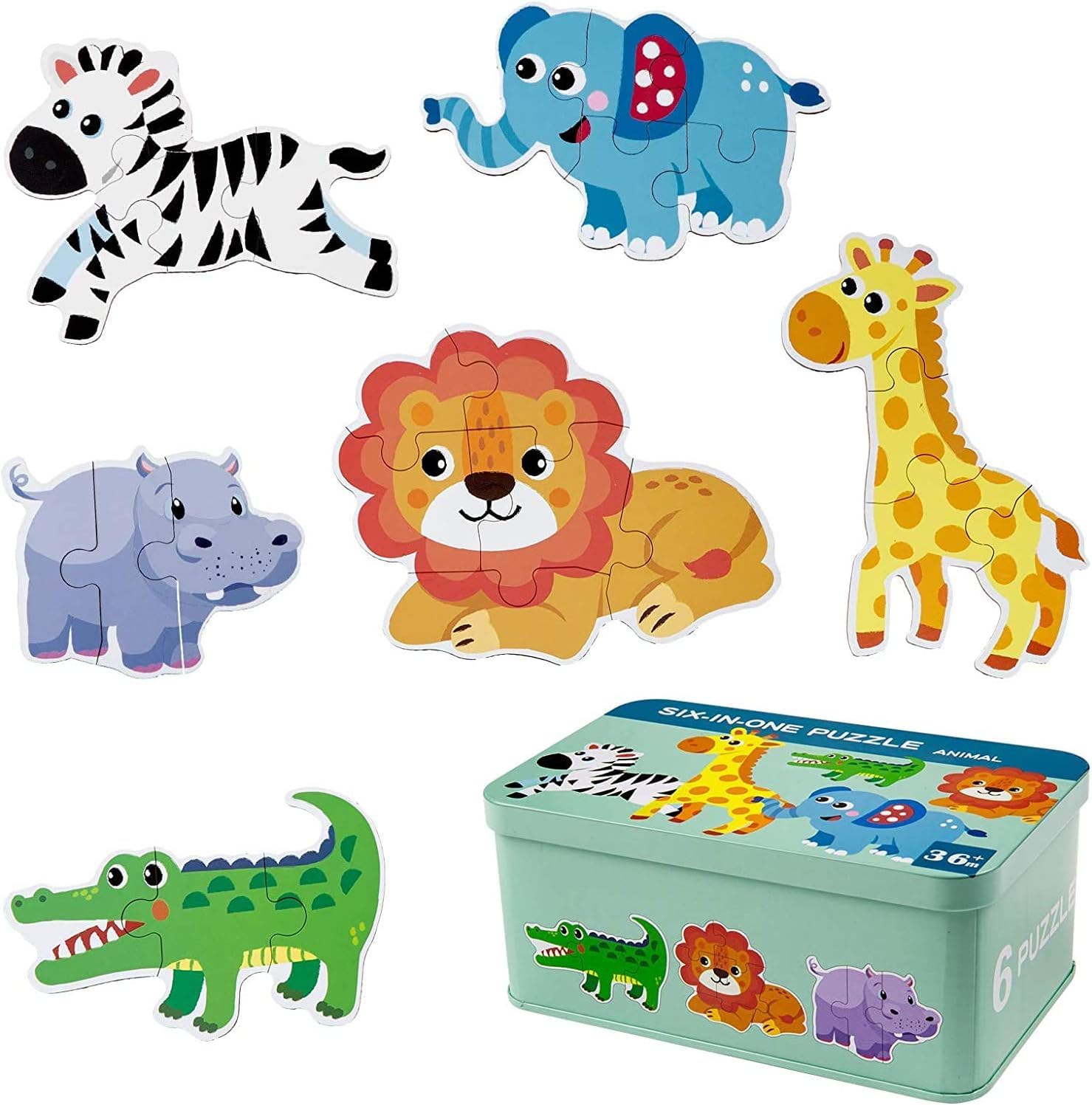 6 Pack Rompecabezas Puzzle Juguetes Bebes para Niños de 1 2 3 4 5 Años, Puzzle, Regalos 3D Patrón Puzles, Montessori Educativos, con Caja de Rompecabezas de Metal - Animal - 1