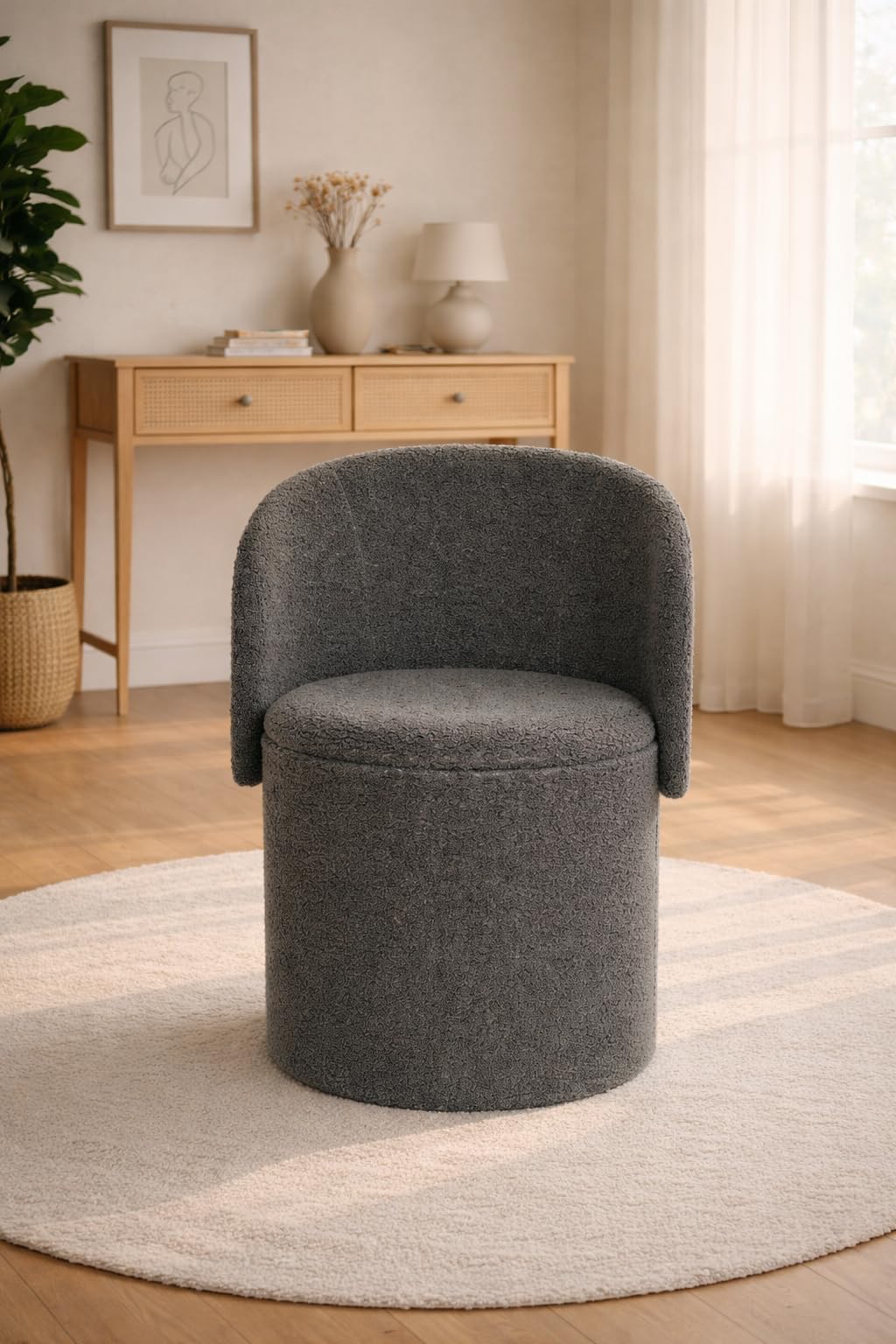 BLOOM BLENDS Teddy Boucle Tub Chair With Hidden Storage, Round Vanity Seat With Curved Back and Lift-Off Lid, Wooden Frame, 150kg, 46 x 62 cm (Charcoal)