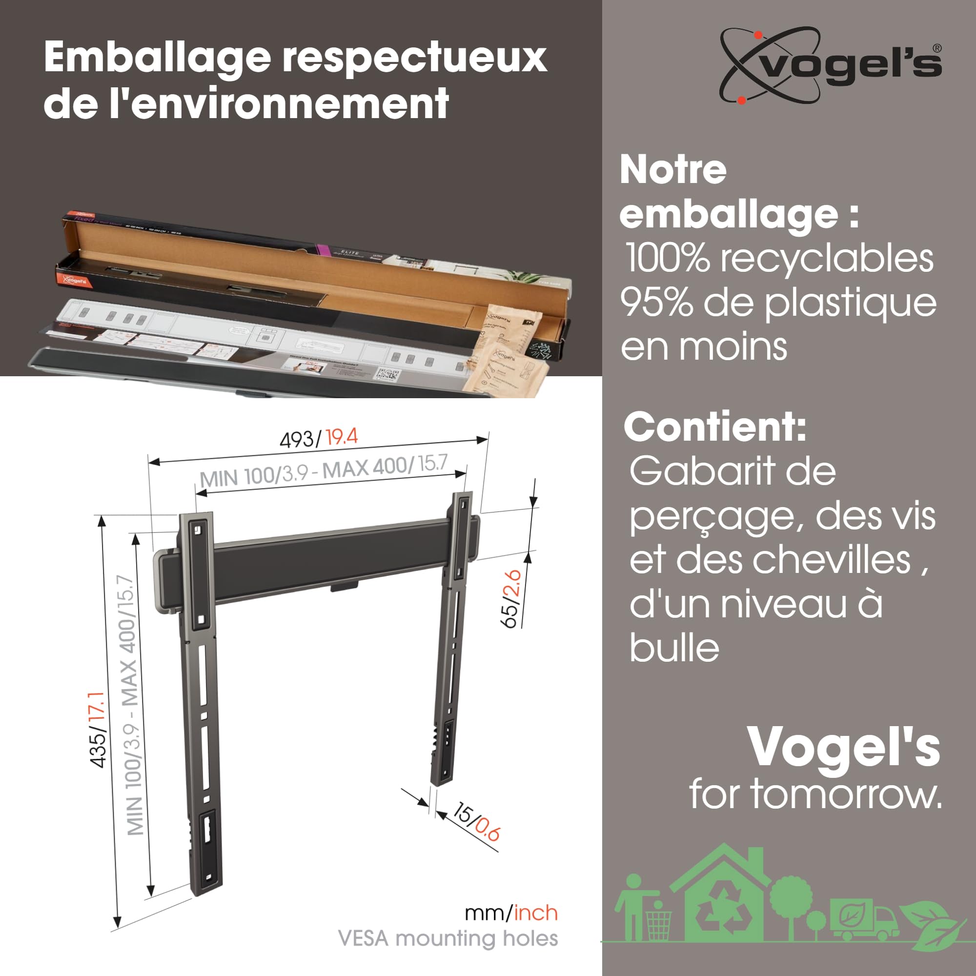 Vogel's Elite TVM 5405, Support Mural TV extrêmement Plat pour téléviseurs de 32 à 77 Pouces, Max. 75 kg, Support TV Max. VESA 400x400, Universellement Compatible, Distance au Mur de Seulement 1,5 cm.