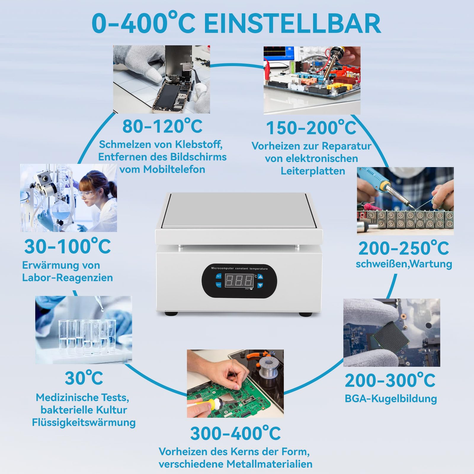 Heizplatte Löten 550W LED Mikrocomputer 150x150mm Alu 0-400°C für SMD Lötstation PCB Heizplatte