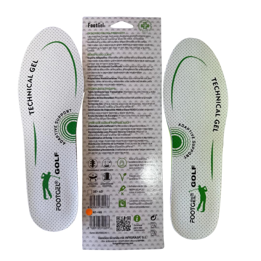 Golf | Plantillas Deportivas de Gel Técnico | Alivio del Dolor en Pies, Rodillas y Lumbar | Absorción de Impactos | Veganas y Transpirables | Talla 41-46 | Made in Spain