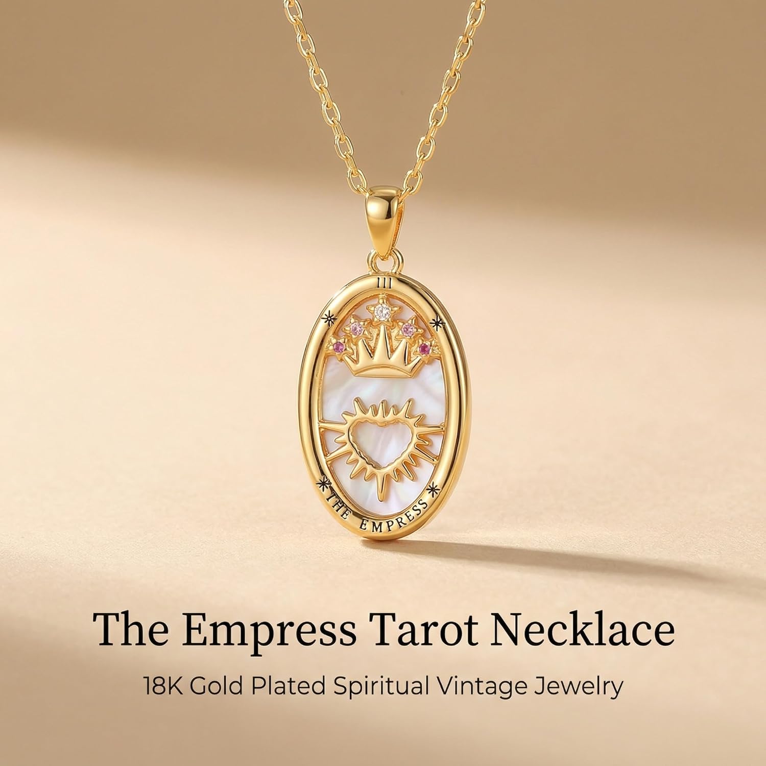 ORIGENCE Tarot Card Necklace for Women, 18K Gold Plated The Empress Tarot Pendant Mother of Pearl Spiritual Jewelry Vintage Protective Turquoise Necklaces Unique Jewelry