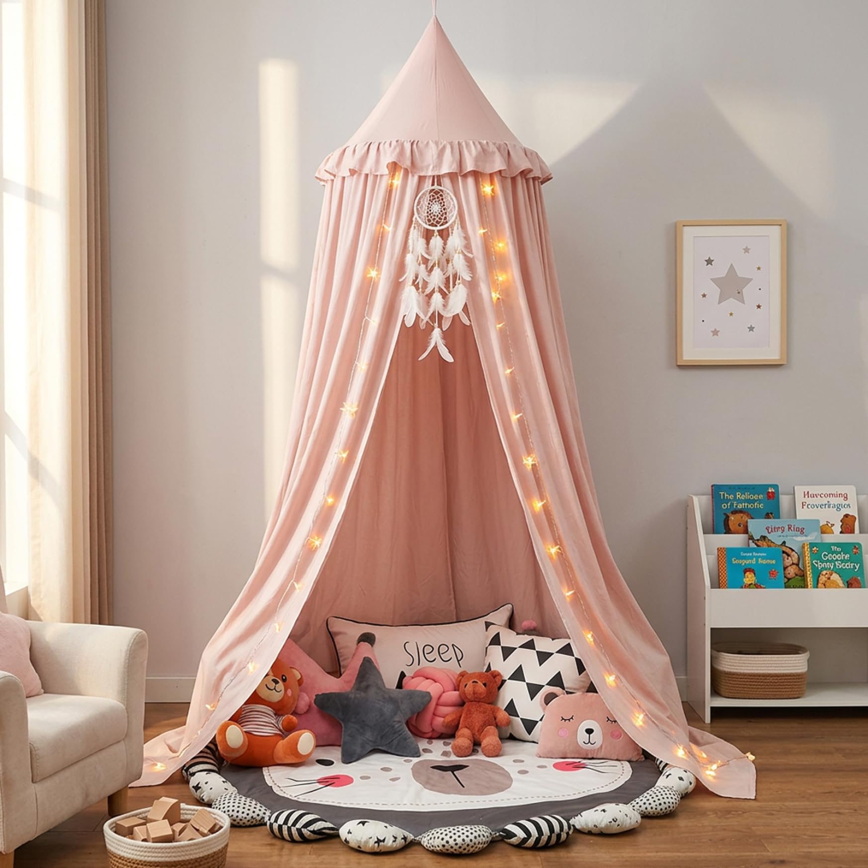 Baldacchino per Letto per Ragazze, Baldacchino per Bambini con Bordo Arricciato, Tenda da Letto per Cameretta e Area Giochi per Bambini