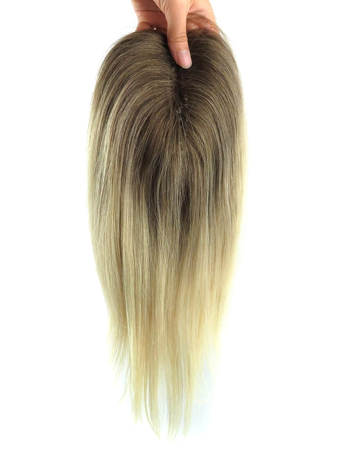 RemeeHi Remy Human Hair On Mono Clip in Topper Middle Part Straight Customize Color 65g Hair Closure Invisiable Hiarpieces 16 inch Ombre T4/613# Light Blonde