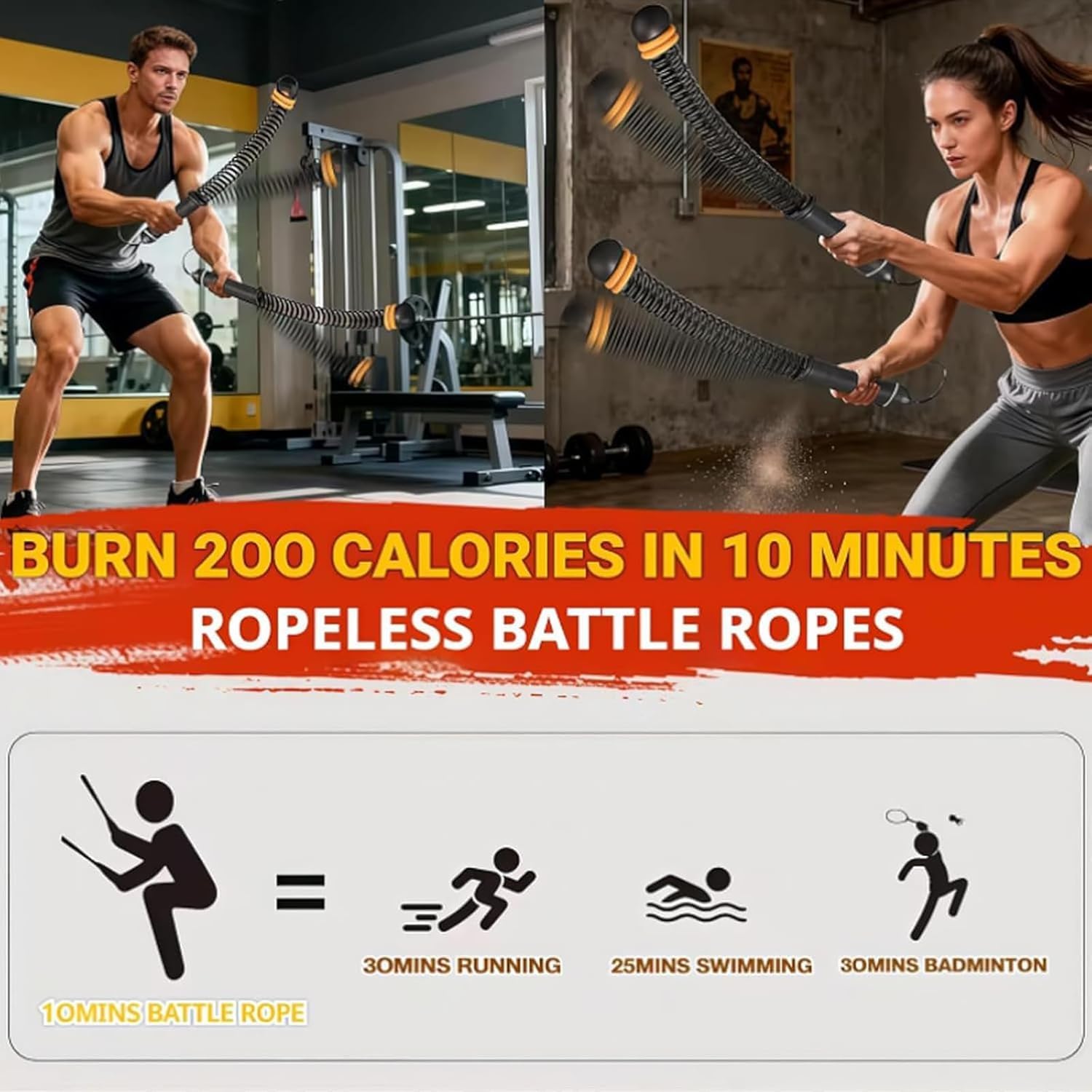 Ropeless Battle Ropes for Quiet Home Gym, Adjustable Weighted Cordless Workout Rope, No-Jump HIIT & Low-Impact Full-Body Training, High Calorie Burn for Men & Women, with Non-Slip Gloves