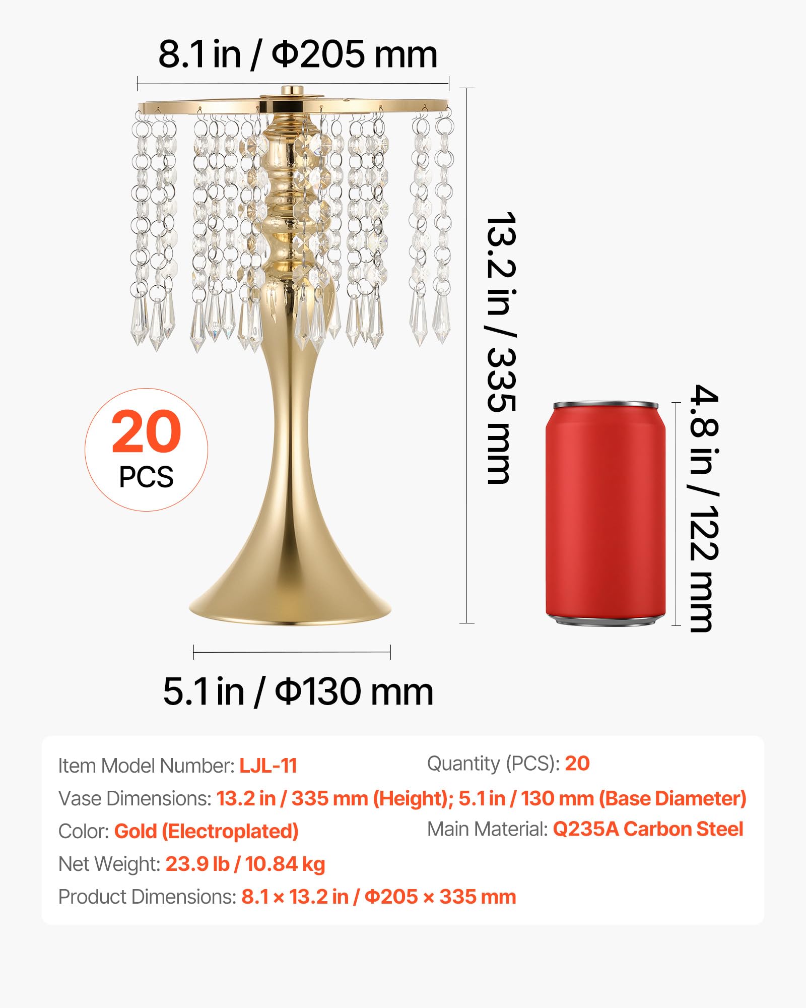 VEVOR Jarrones Decorativos, Paquete de 20 Piezas, Floreros de Metal Dorados con Cadena de Cristal, Altura de 33,5 cm, Centro de Mesa para Boda, Decoración para Banquete Ceremonia Fiesta Recepción