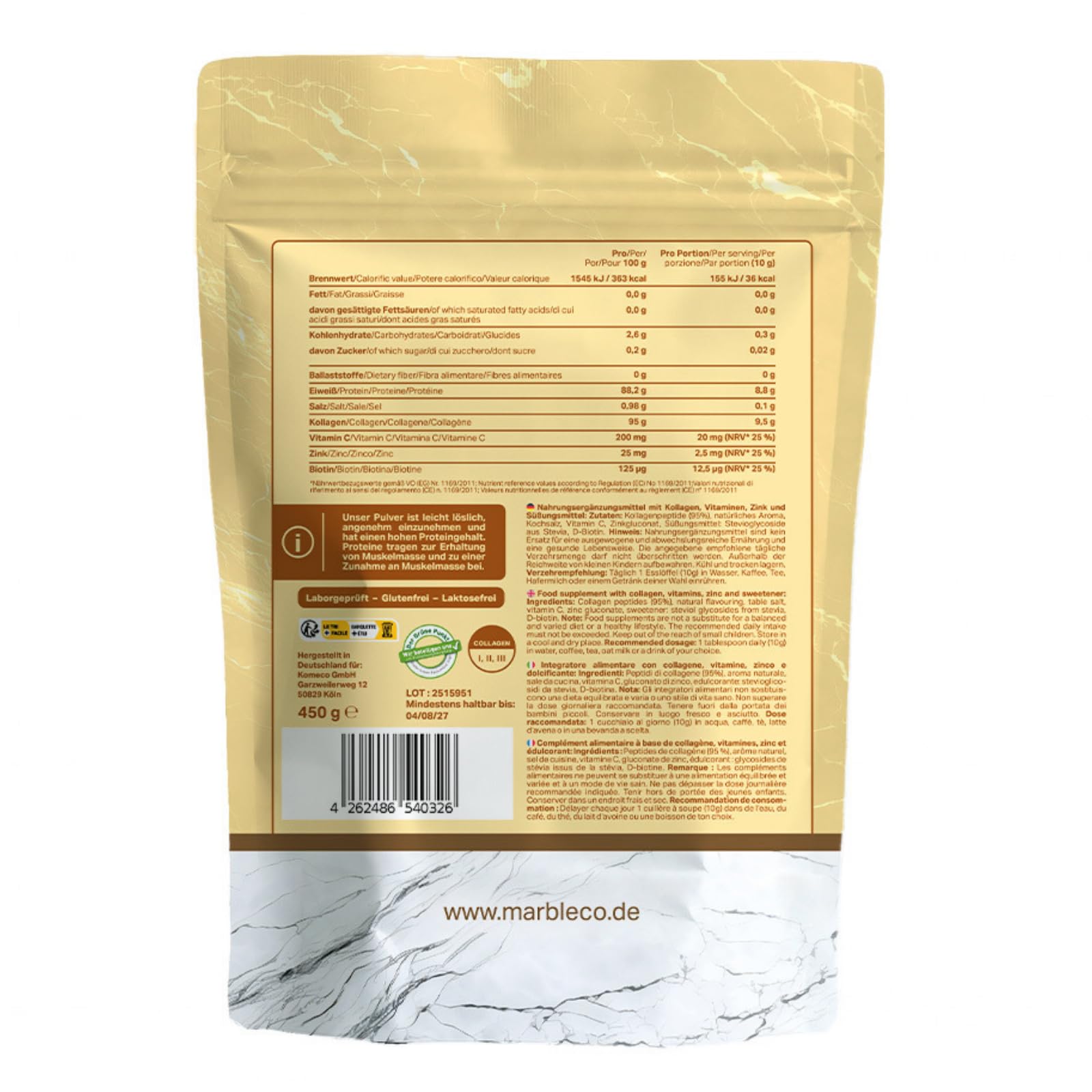 marble Polvo de colágeno Pro 450 g – Colágeno en polvo más vitamina C, zinc y biotina – Péptidos de colágeno Skin Glow – 60 días de prueba sin riesgos – de carne de sauce con perfecta solubilidad