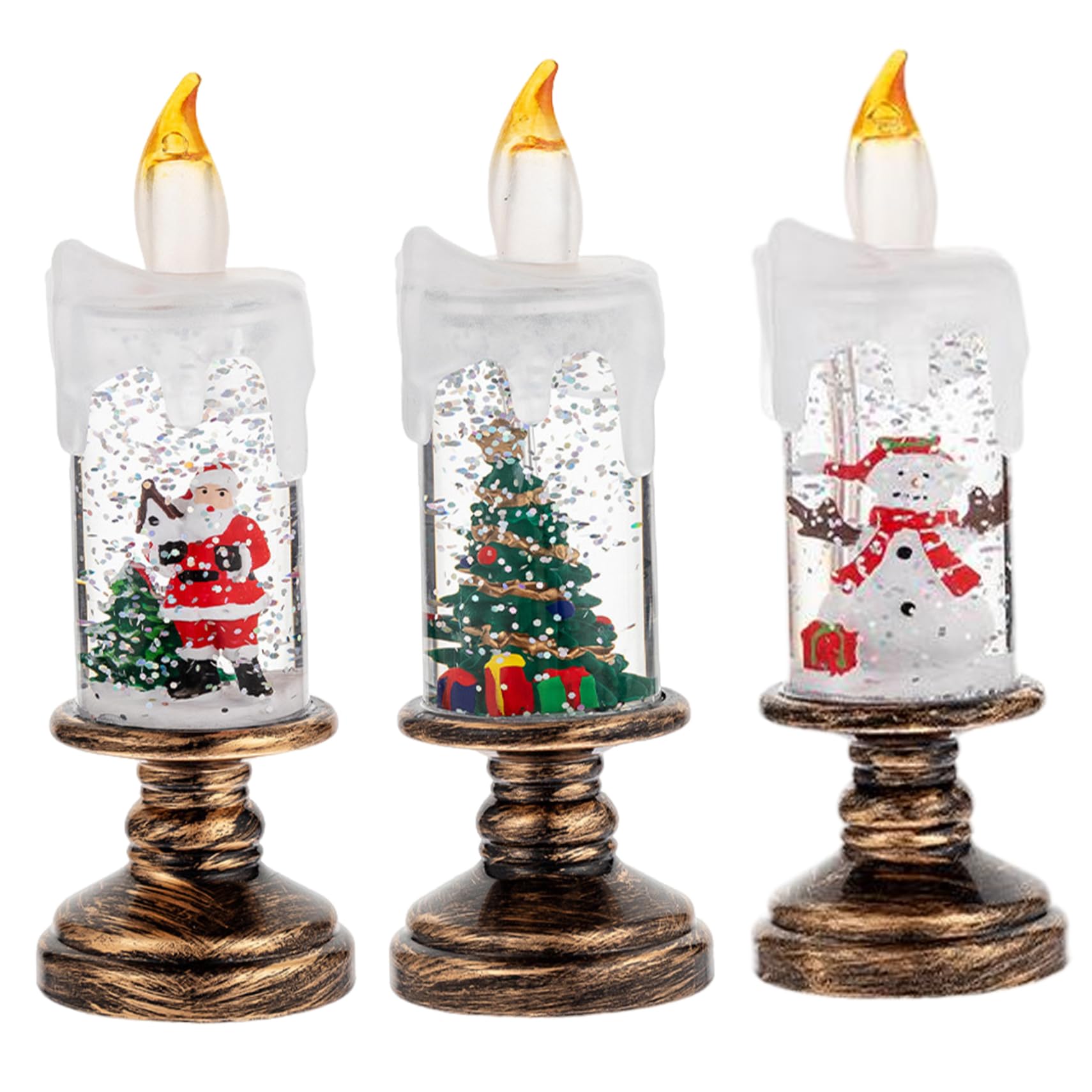 BEAHING 3Pcs Christmas Candles Flameless LED Candles with Santa Claus, Snowman, Christmas Tree Battery Operated Candle Snowflake Globe Candle Light for Table, Fireplace Decor, LED