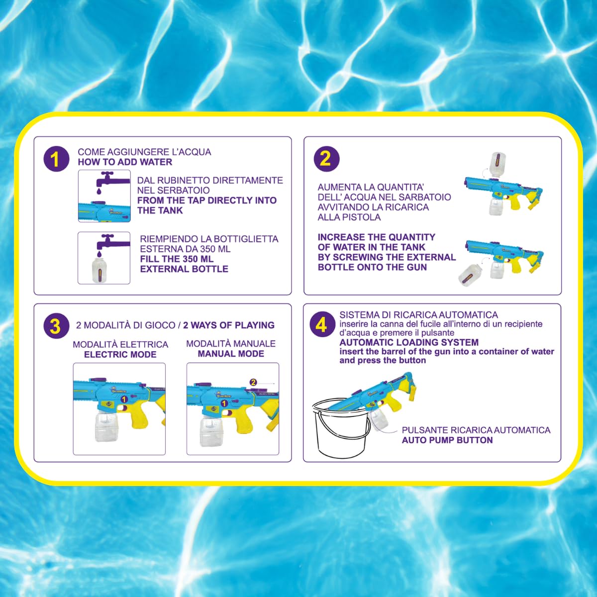 ODS - Splashmatic Atlantic 1000 PRO, Spara Acqua a Batteria con Ricarica USB, Pistola ad Acqua Lunghezza 50 cm, Capacità Serbatoio 1000 ml, Automatico e Manuale, Età Consigliata +6 Anni