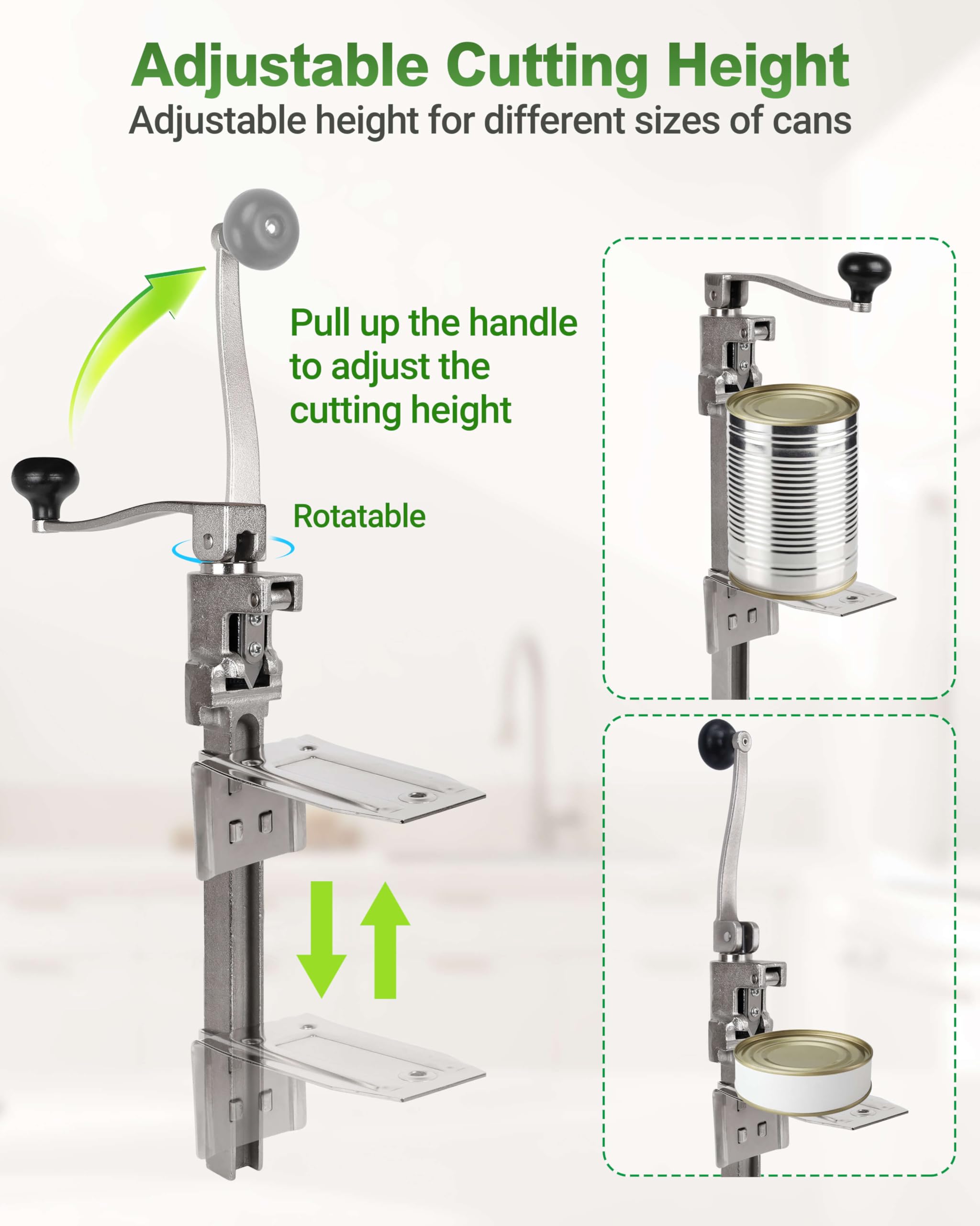 Abrelatas comercial resistente – Abrelatas manual de mesa abre latas de hasta 11 pulgadas de alto, abrelatas industrial con base de acero chapado para restaurante, tienda de alimentos, hotel, bar