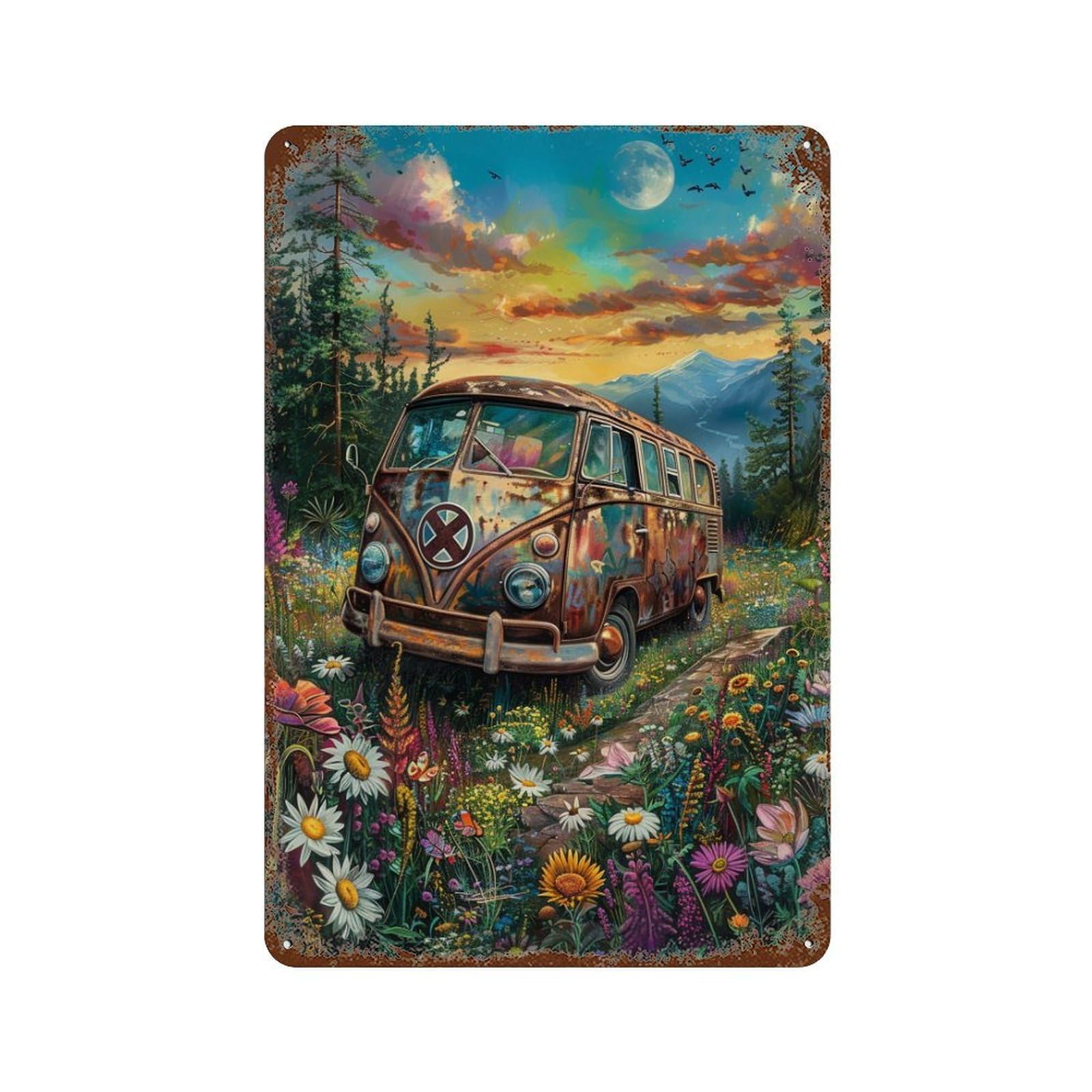Garage Style Vintage Van in Wildflower Field Vintage Rust Metal Sign 11.8"x7.9", Novelty Wall Decor for Bar And Workshop