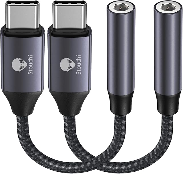 USB C to 3.5mm Jack,Stouchi 2 Pack Type C to Headphone Adapter Aux Digital Audio Earphone Adaptor,Audio Dongle,Hi-Res DAC Chip,Compatible with Samsung Galaxy S22 S21 S20 Note 20,Pixel 6,Pad mini 6