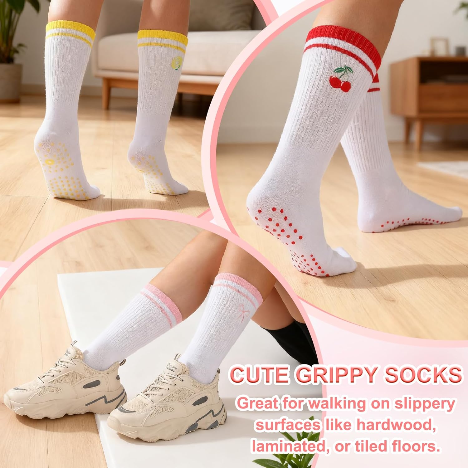 6 Pairs Cute Pilates Socks for Women Ruffle Cuff Grips Yoga Embroidery Ballet Socks - Image 7
