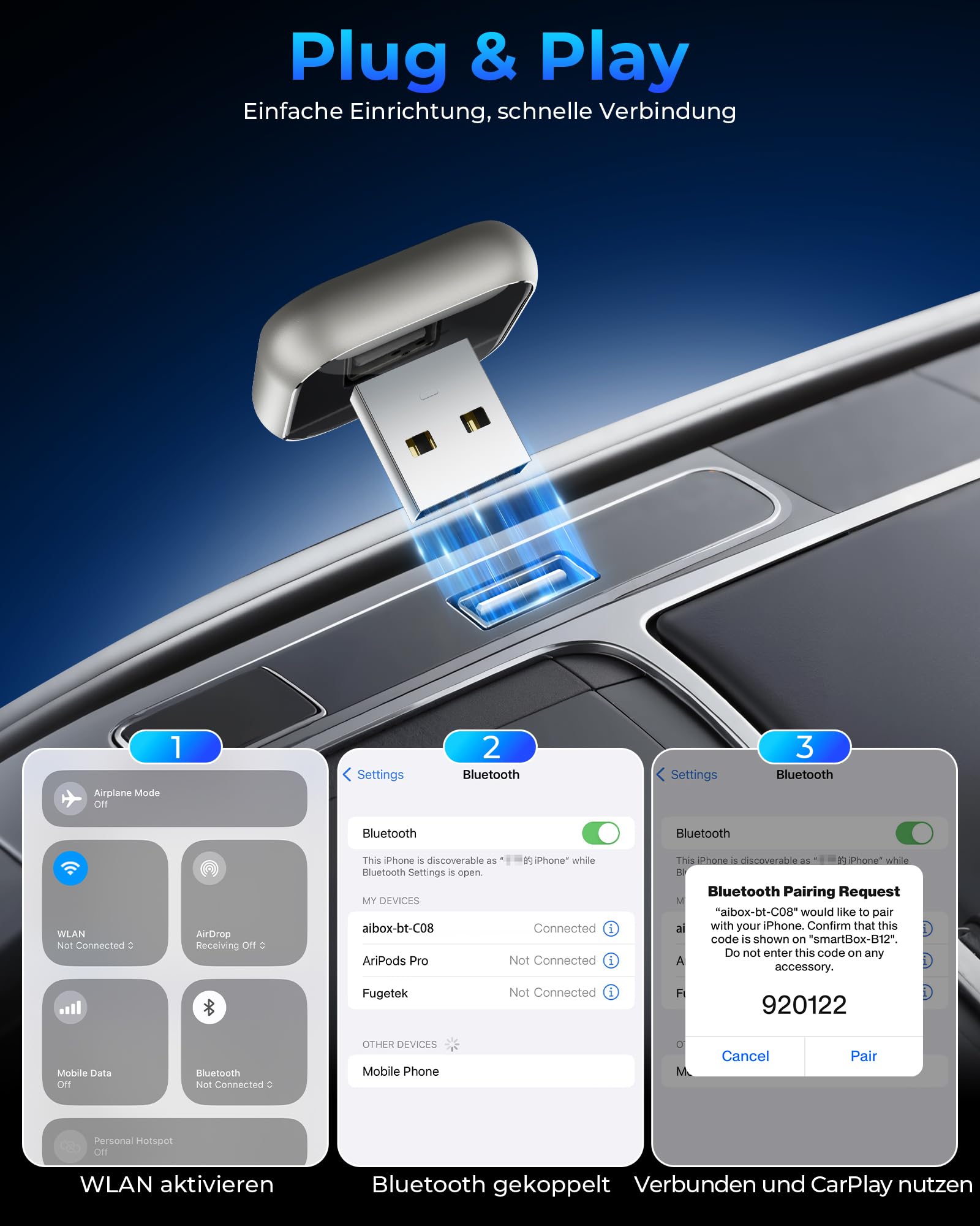 CarPlay Kabelloser Adapter für Apple iPhone – Upgrade von kabelgebundenem CarPlay auf kabelloses Gerät, Mini T-förmig für Autos automatische USB-Wiederverbindung, für Armaturenbrett-Einbau-Videogeräte