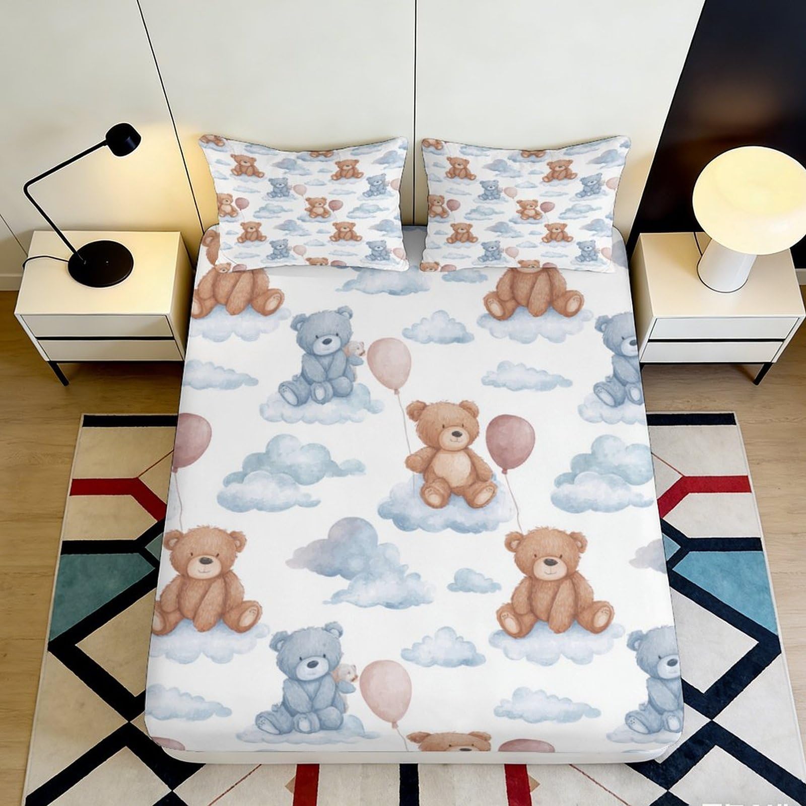 Pnayamiorkfel Style-2 3D Printed Teddy Bear Clouds Fitted Sheet Microfiber Soft Breathable Balloon Mattress Cover For Bedroom Dorm Room Decor 90X200x25cm