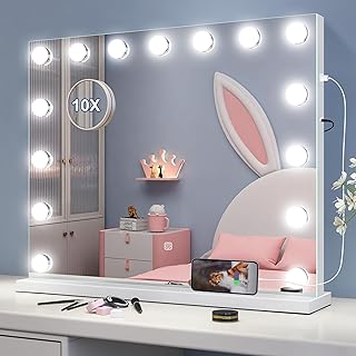 S'bagno Hollywood Vanity Mirror with Lights, 58x46cm, Desk Mirror with 10x Magnifier, USB, 15 LED Bulbs, 3 Colors, Dimining, Memory, Waterproof, Wall Mounted, White