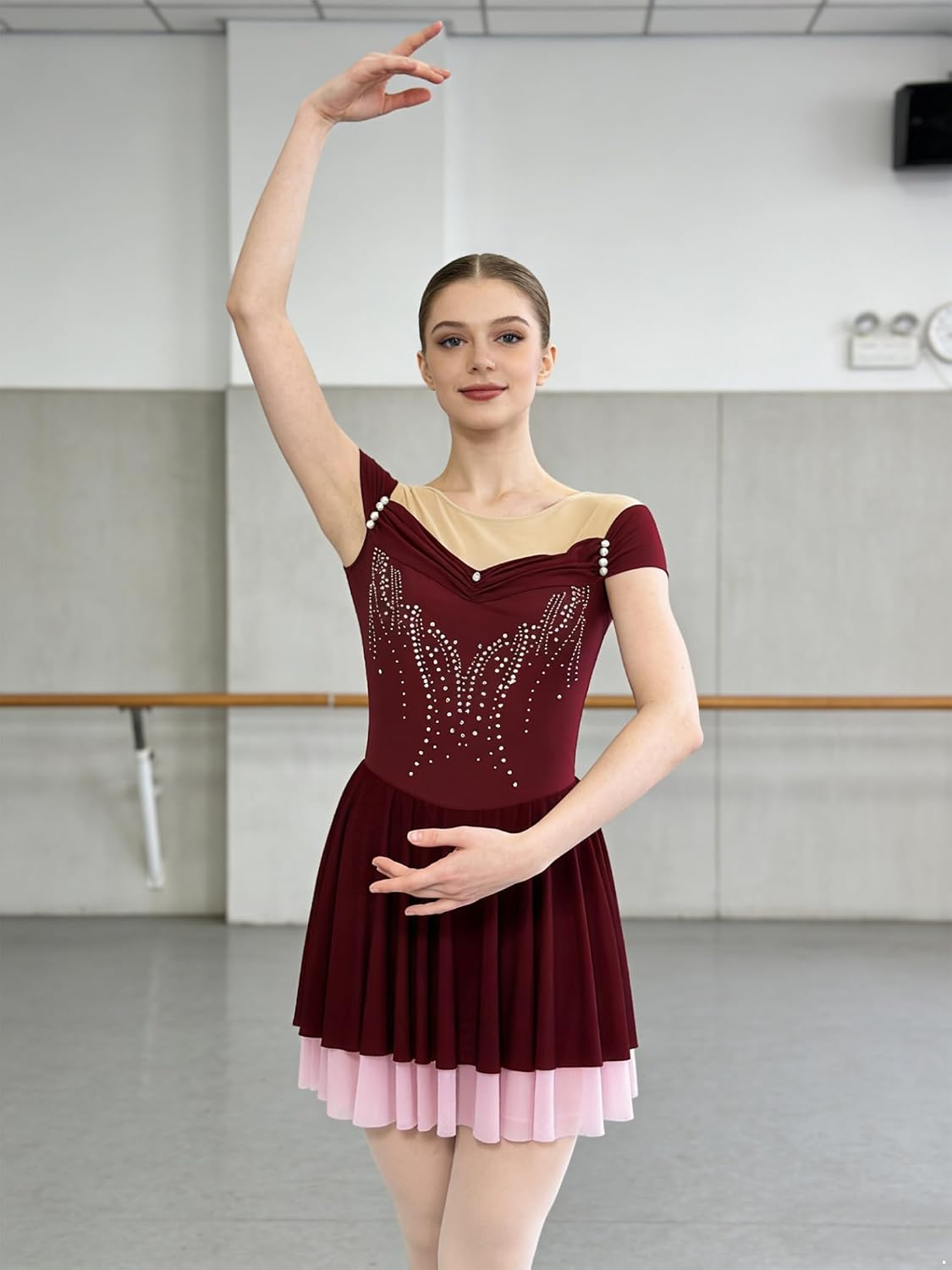 Figure Skating Dress for Women Cap Sleeve Tiered Color Block Mesh Hem Skirted Leotard Dancewear