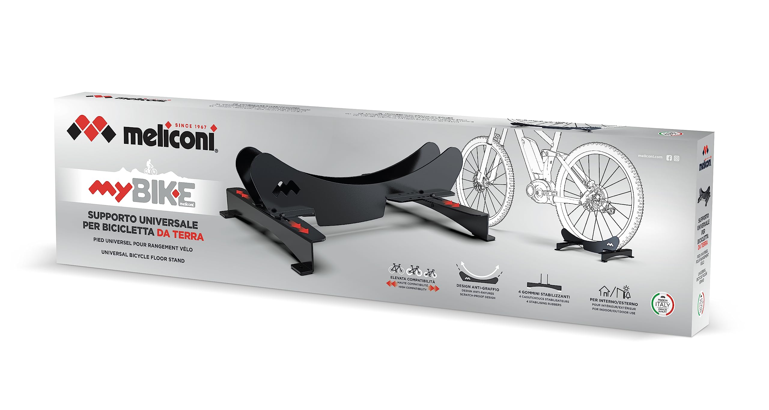 Meliconi MyBike Soporte de Suelo Universal para Bicicletas, Soporte de Suelo para Bicicletas, Exterior e Interior, Grosor de Goma Ajustable, 4 Arandelas Estabilizadoras, Made in Italy