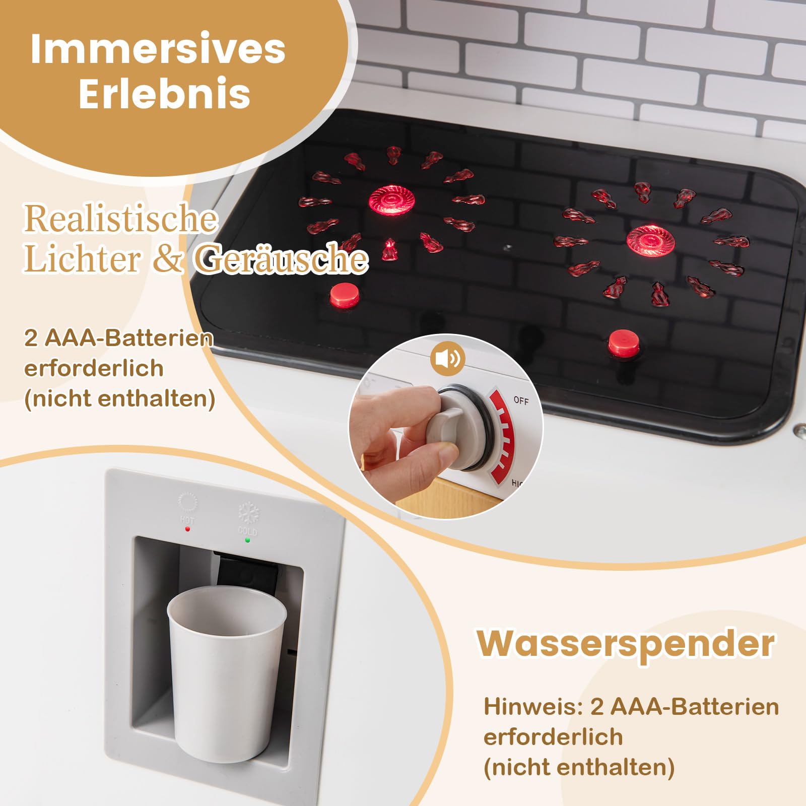 COSTWAY Kinderküche mit Licht und Sound, Spielküchen Holz mit Ofen Mikrowelle Telefon Wasserspender, Spielzeugküche inkl. Küchenzubehör für Jungen und Mädchen ab 3 Jahren (Weiß)