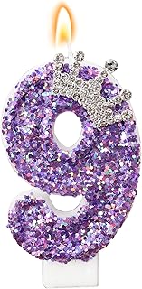 Purple Crown Birthday Candle, Glitter Number 9 Cake Topper With Sequins for Anniversary Celebrations Supplies