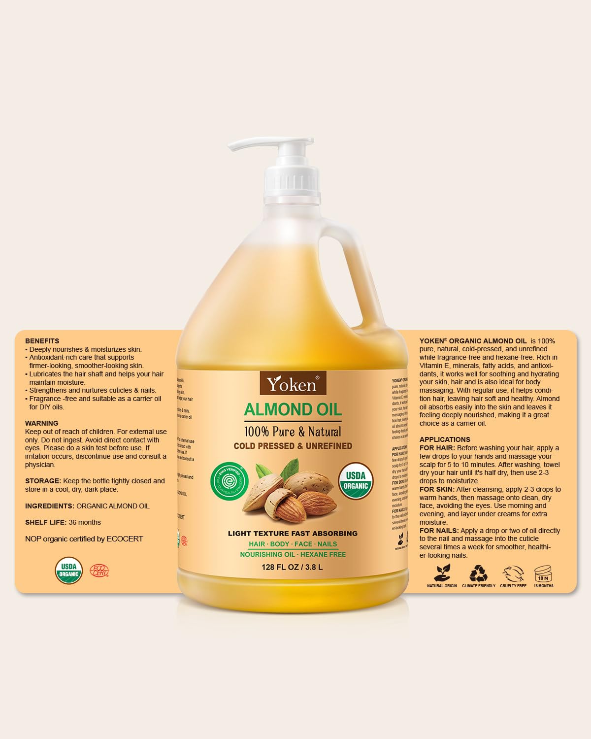 Yoken Organic Almond Oil 1 Gallon, USDA Certified Cold Pressed Hexane Free Carrier Oil for Skin Hair Body Massage Bulk, Natural Moisturizing Oil for DIY Beauty & Spa Use