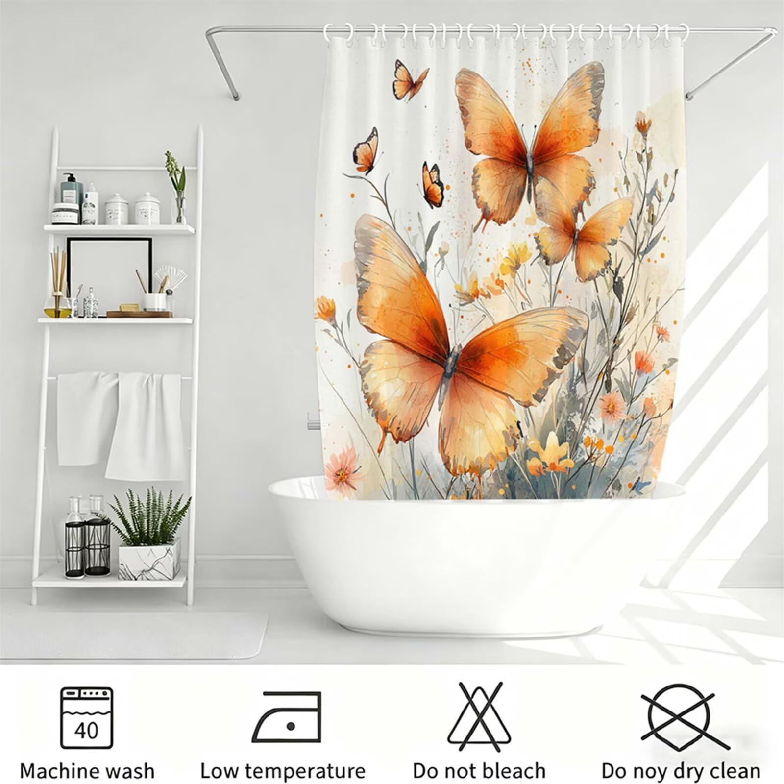 arancione Tenda Doccia 180x180cm,Tenda per Doccia Tessuto Poliestere Impermeabile Asciugatura Rapida 12 Anelli,Tende Finestra Bagno e Vasca Pieghevole per Angolare Casa Shower Curtain Farfalla J-508