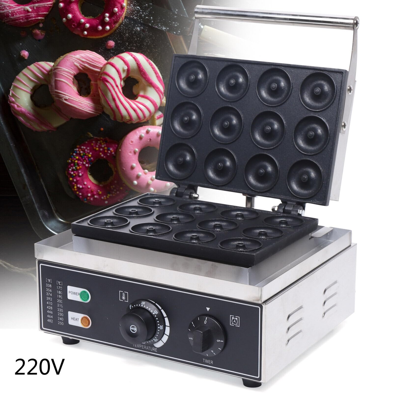 Lot de 12 machines à donut 220 V 1550 W en acier inoxydable antiadhésif contrôle de la température 50-300 °C Chauffage rapide 1 à 5 minutes Idéal pour les fêtes, cafés, salons de thé