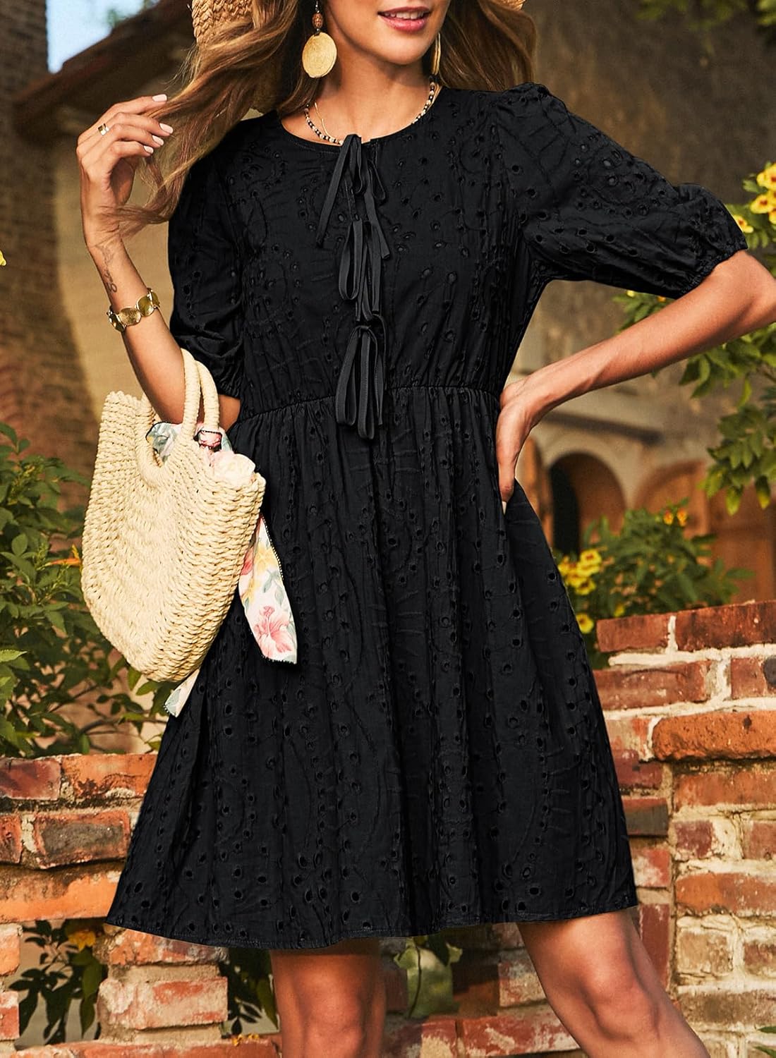 Dokotoo Summer Dresses for Women 2026 Tie Front V Neck Short Puff Sleeve Hollow Out Lace Wedding Guest Dress - Image 5